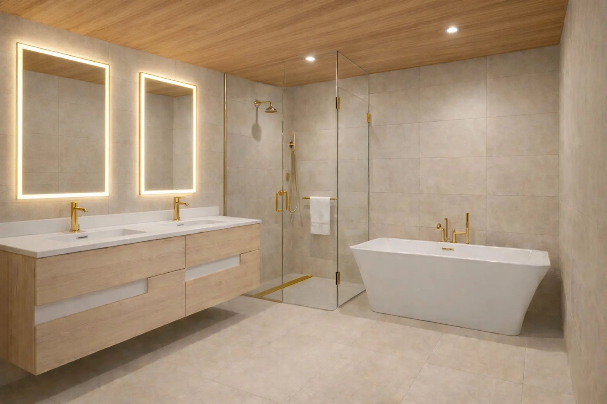 Vision 63 Natural Light Wood Cabinet, Square Cultured Marble Double Sink, Wall Mounted Modern Vanity Set 