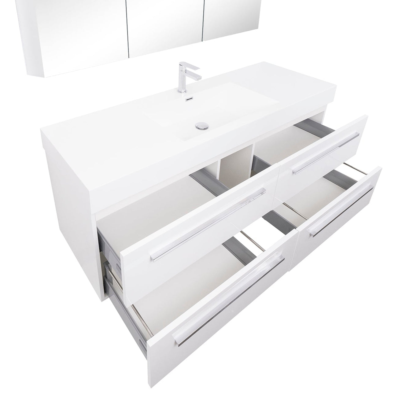 Maya 59 White High Gloss Cabinet, Square Cultured Marble Sink, Wall Mounted Modern Vanity Set Bath Trends USA