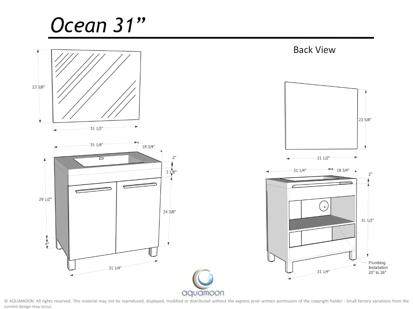 Ocean 31.5 Oak Cabinet, Square Cultured Marble Sink, Free Standing Vanity Set