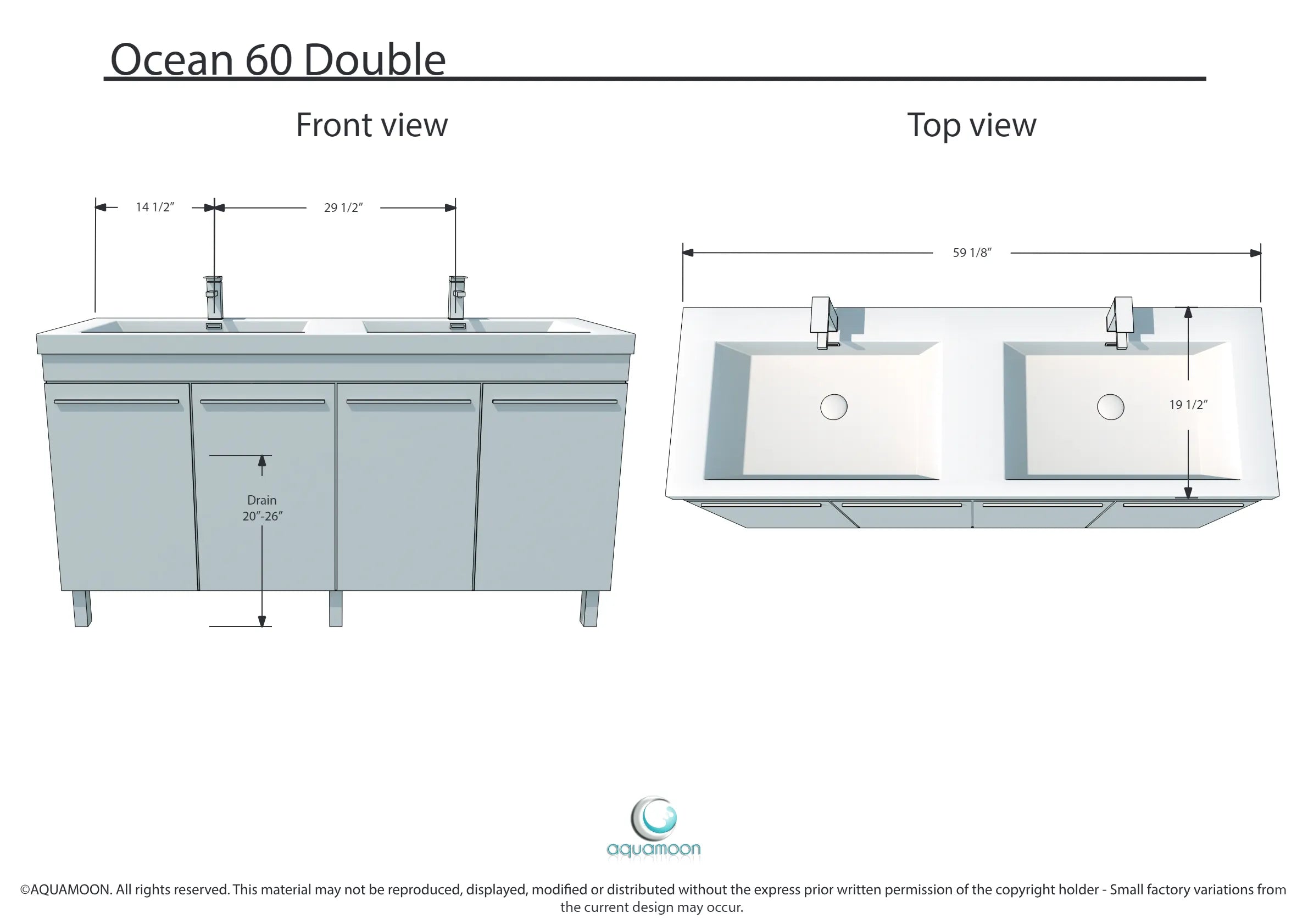 Ocean 59 White High Gloss Cabinet, Square Cultured Marble Sink, Free Standing Vanity Set
