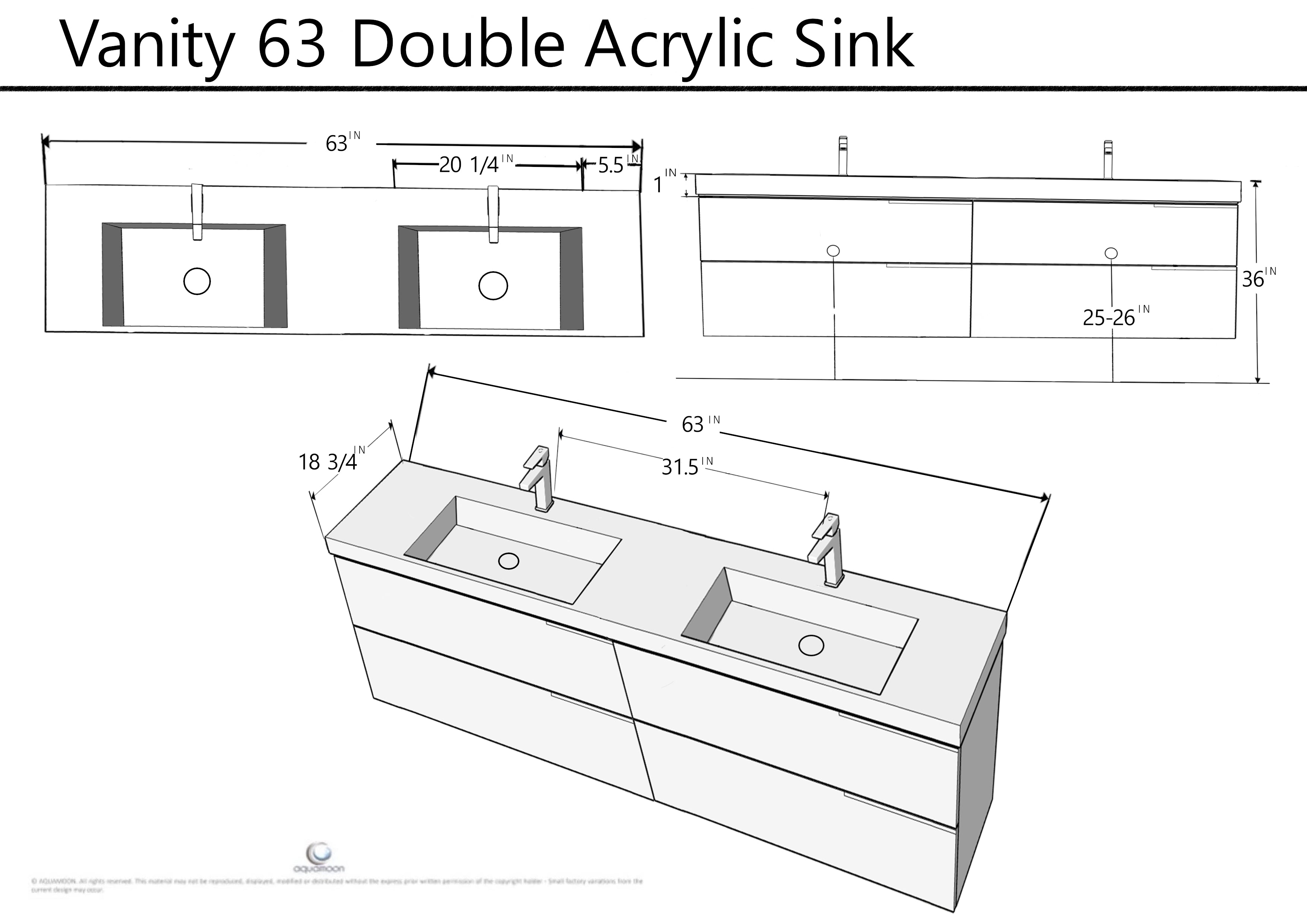 Ares 63 Matte Grey Cabinet, Square Cultured Marble Double Sink, Wall Mounted Modern Vanity Set