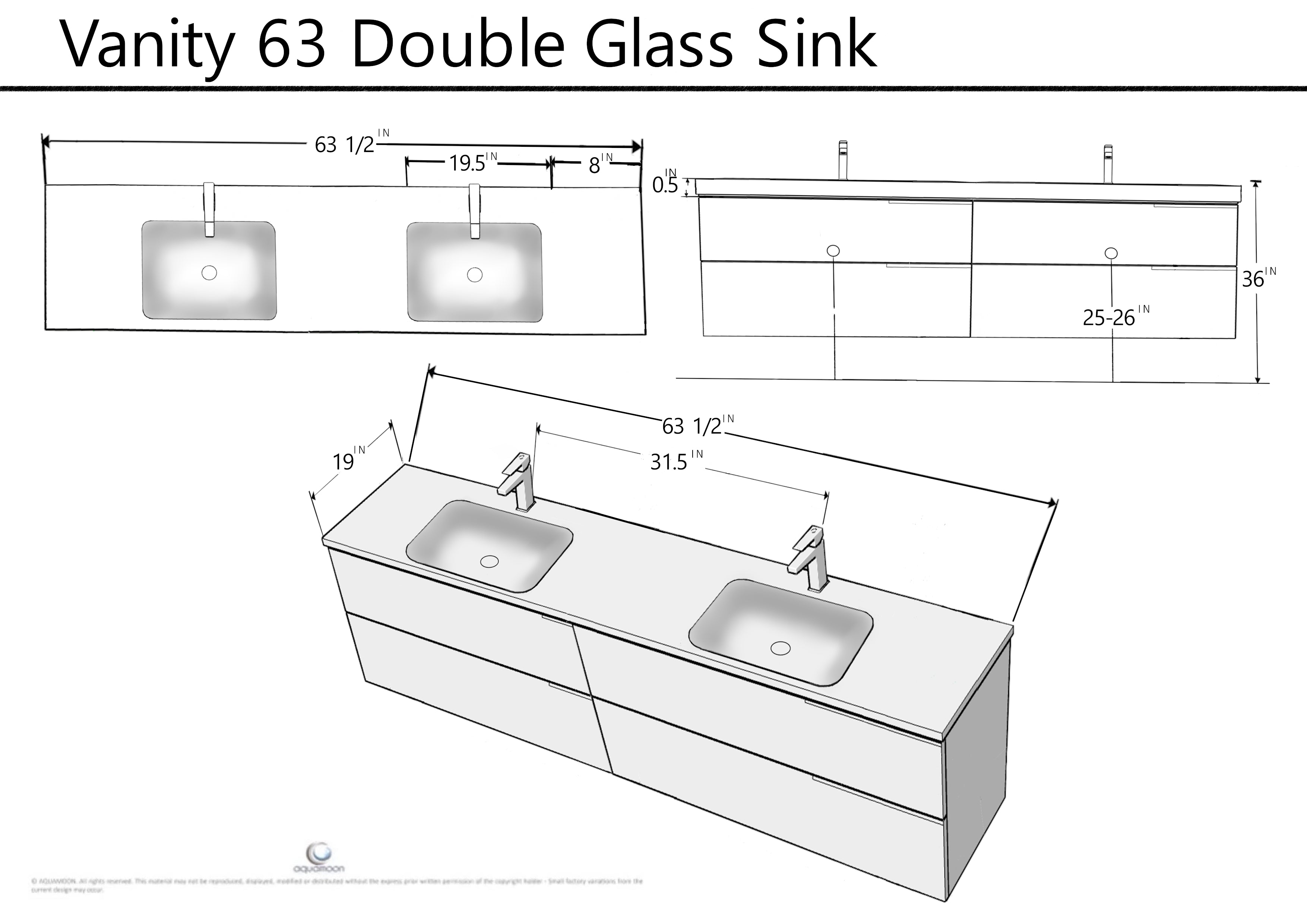 Ares 63 Matte White Cabinet, White Tempered Glass Double Sink, Wall Mounted Modern Vanity Set