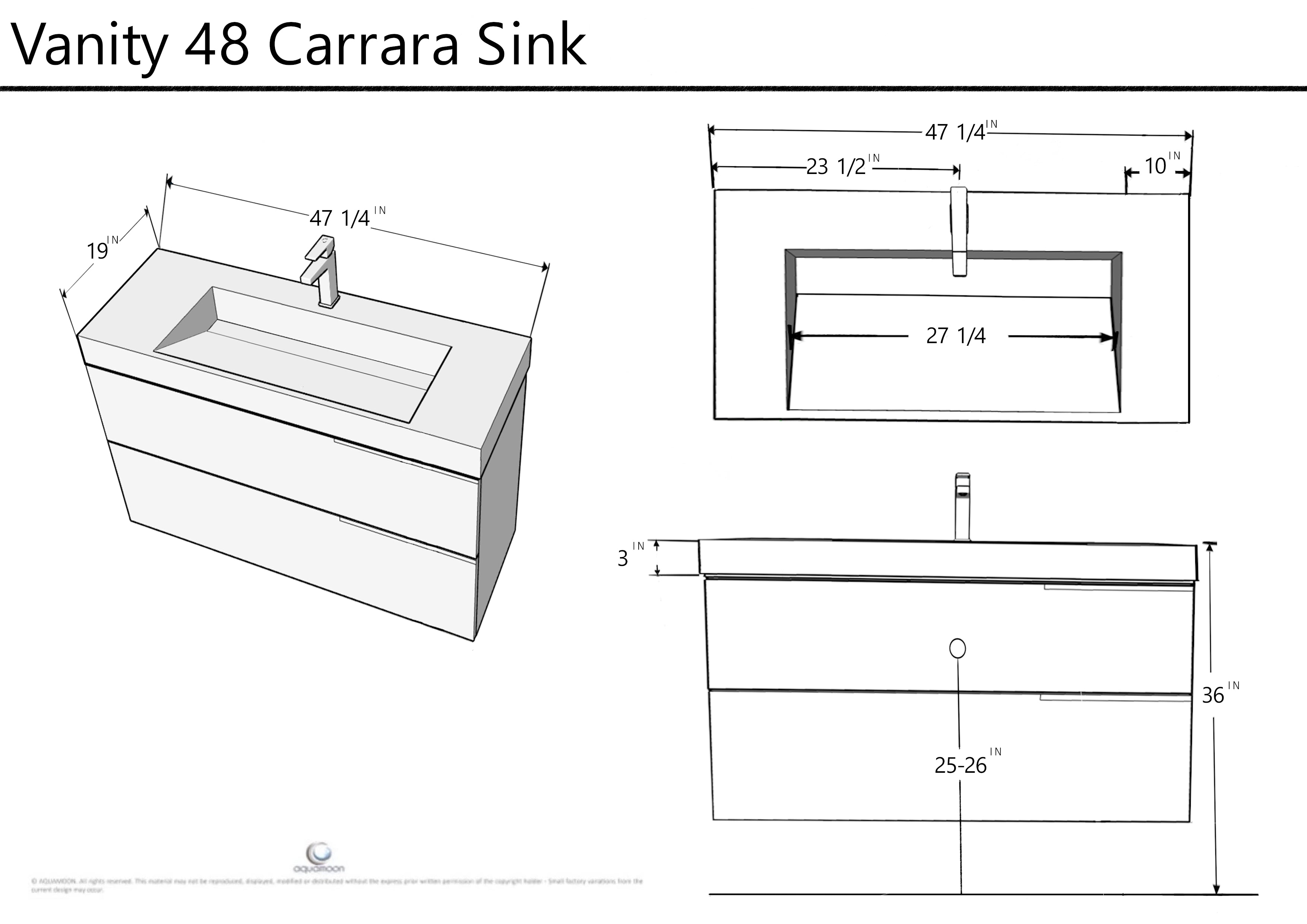 Venice 47.5 Walnut Wood Texture Cabinet, Solid Surface Matte White Top Carrara Infinity Sink, Wall Mounted Modern Vanity Set