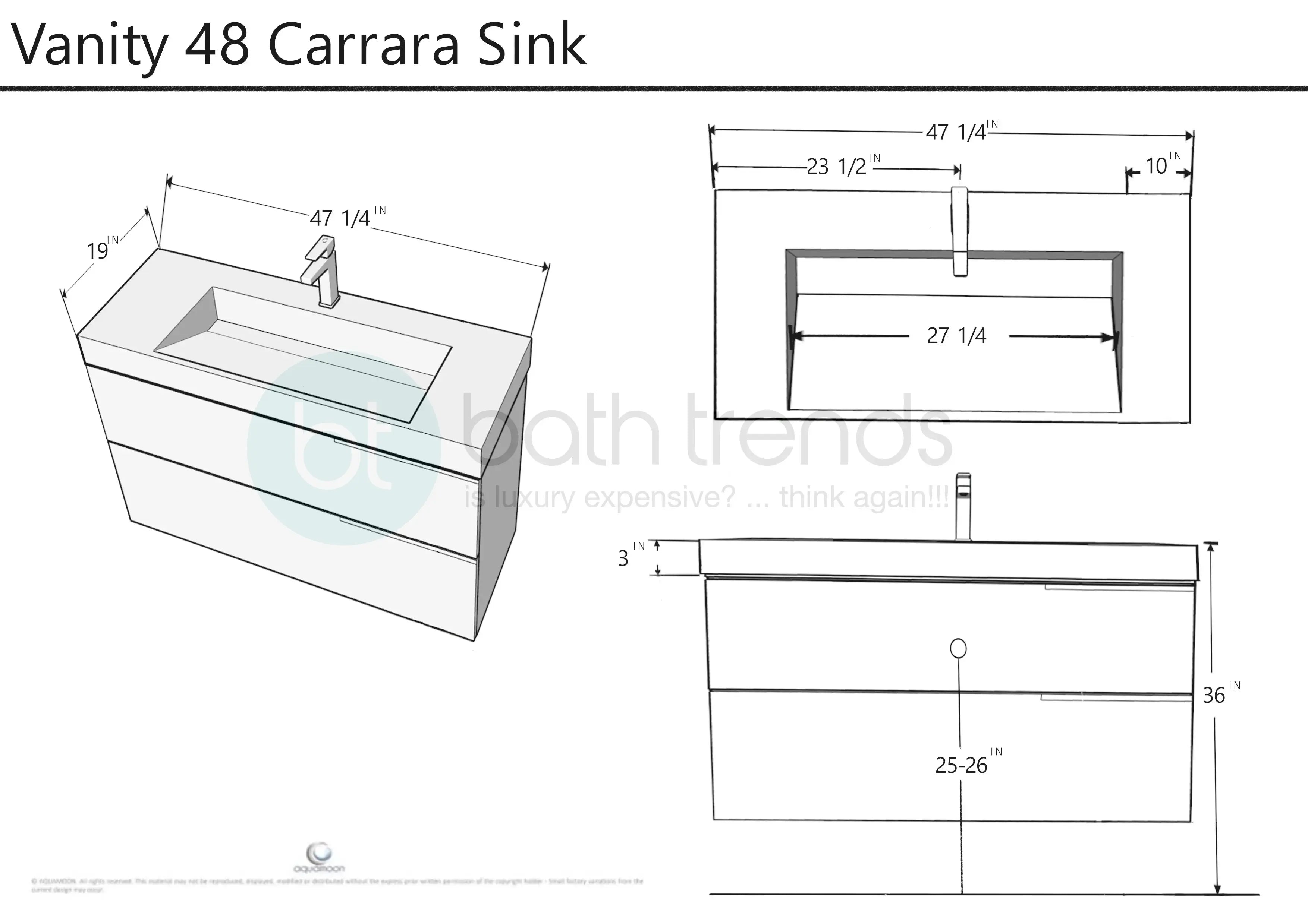 Venice 47.5 Anthracite High Gloss Cabinet, Solid Surface Matte White Top Carrara Infinity Sink, Wall Mounted Modern Vanity Set 