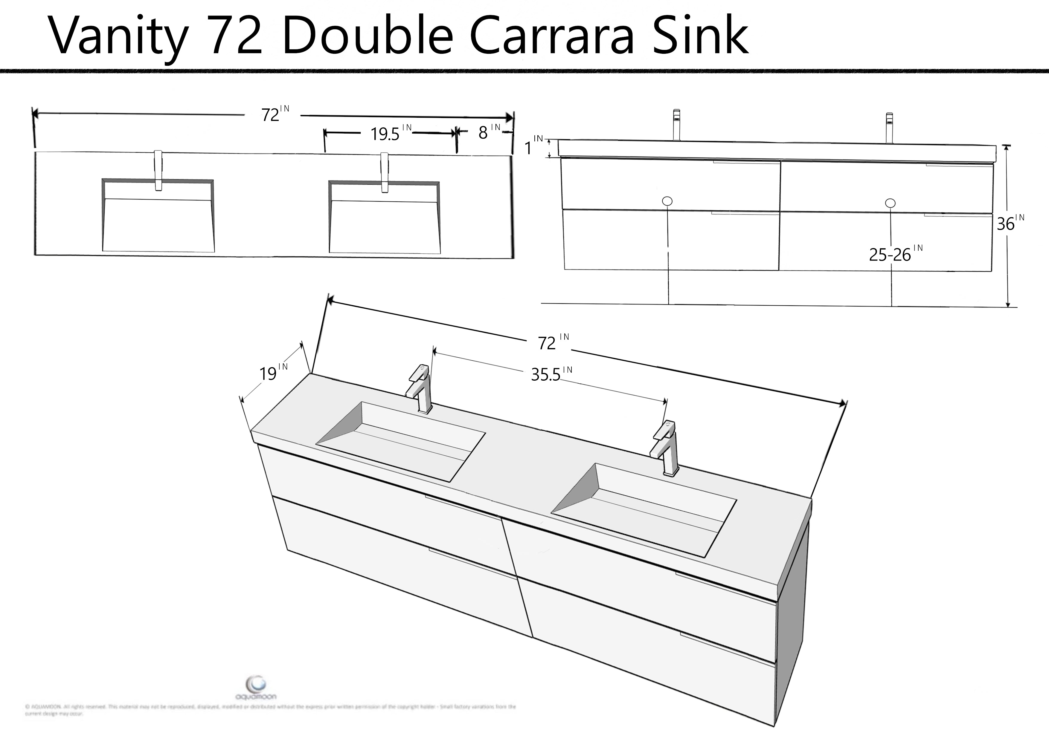 Vision 72 White High Gloss Cabinet, Solid Surface Matte White Top Carrara Infinity Double Sink, Wall Mounted Modern Vanity Set