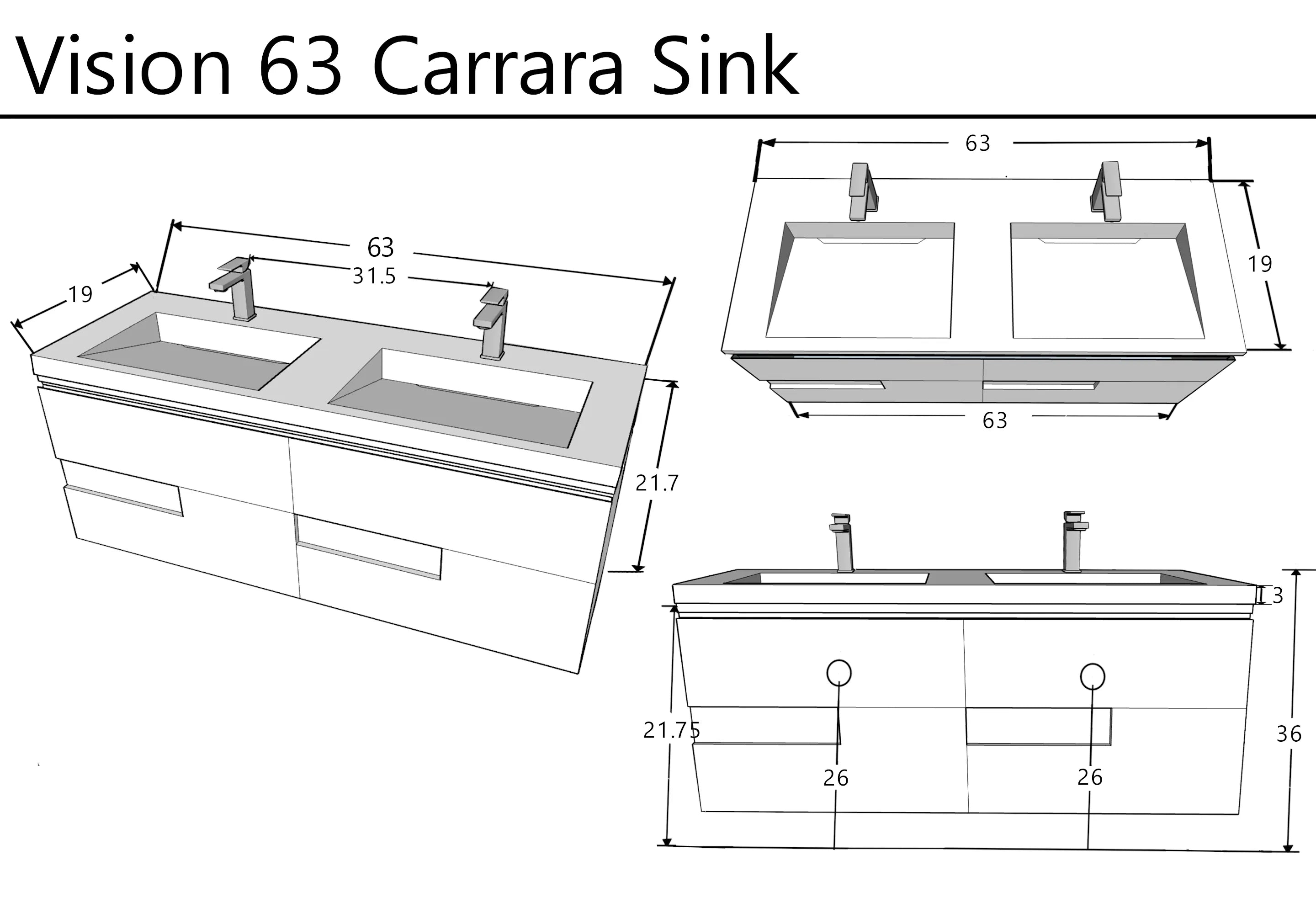 Vision 63 Natural Light Wood Cabinet, Solid Surface Matte White Top Carrara Infinity Double Sink, Wall Mounted Modern Vanity Set Bath Trends USA