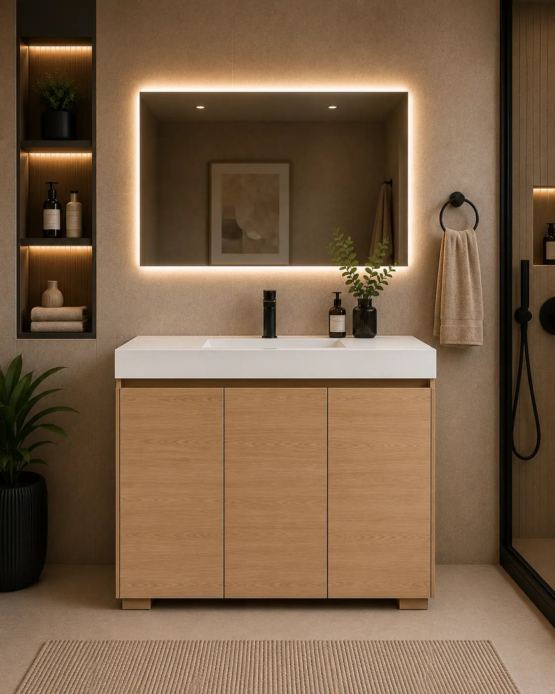 Dali 47.5 Single Natural Oak Cabinet, Acrylic Square Sink, Freestanding Modern Vanity Set 