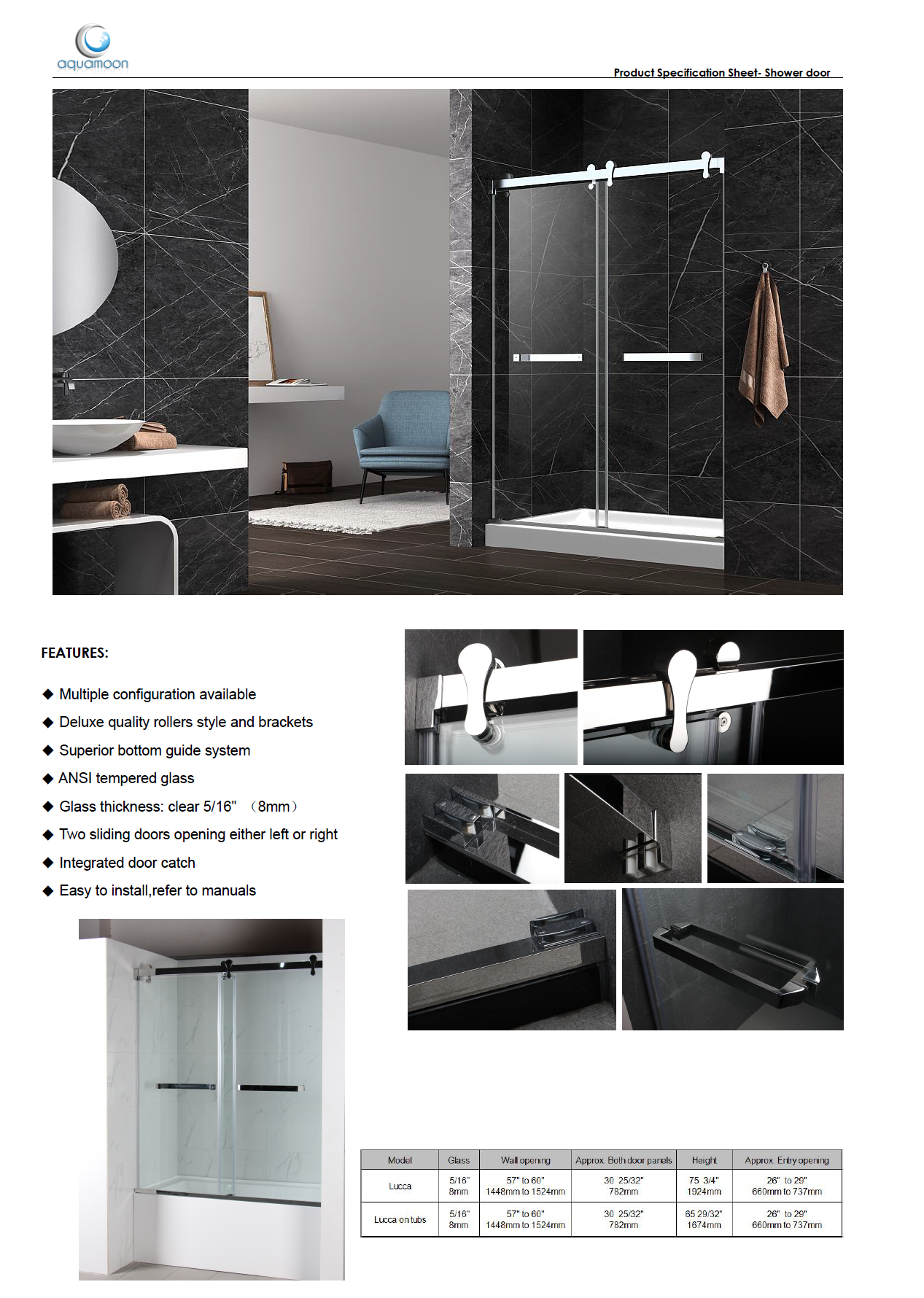 Aquamoon Lucca Semi Frameless Shower Door W 60" x H 76", Sliding Panels, Chrome Finish