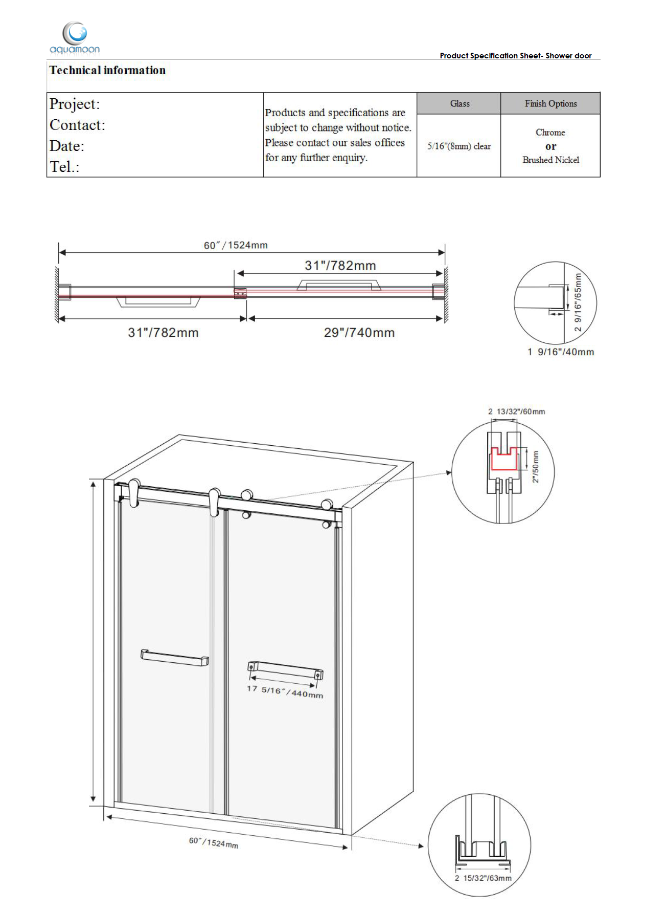 Aquamoon Lucca Semi Frameless Shower Door W 60" x H 76", Sliding Panels, Matte Black Finish