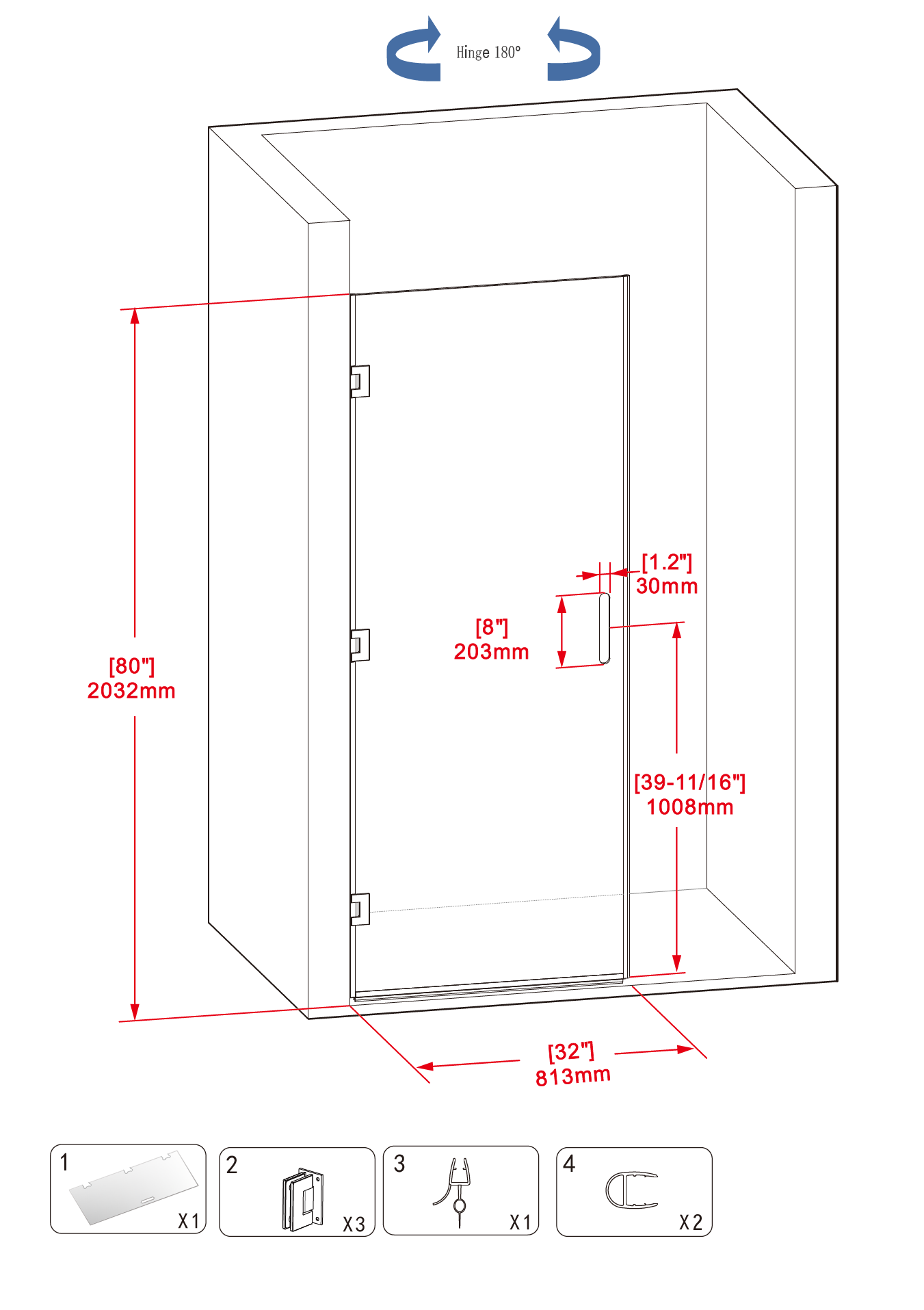 Aquamoon Luna Frameless Shower door W 32" x H 80", One Sliding Door with Brush Nickel Hinges