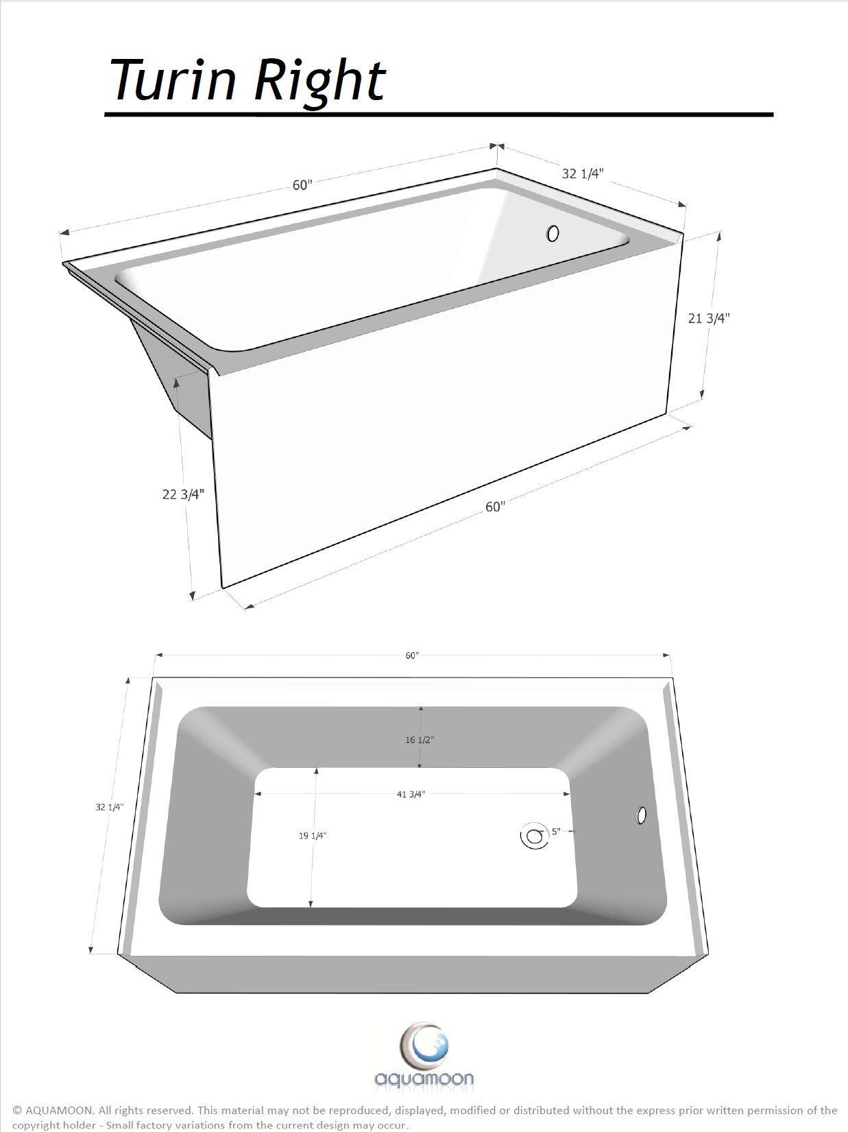 Turin 60 Skirted Acrylic Bathtub, Right Drain And Overflow