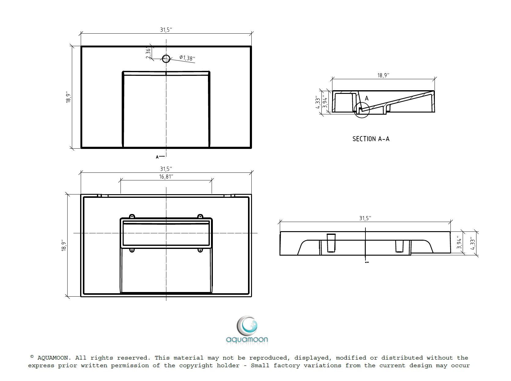 Aquamoon Venice 31" Integrated /Countertop White Infinity  Sink