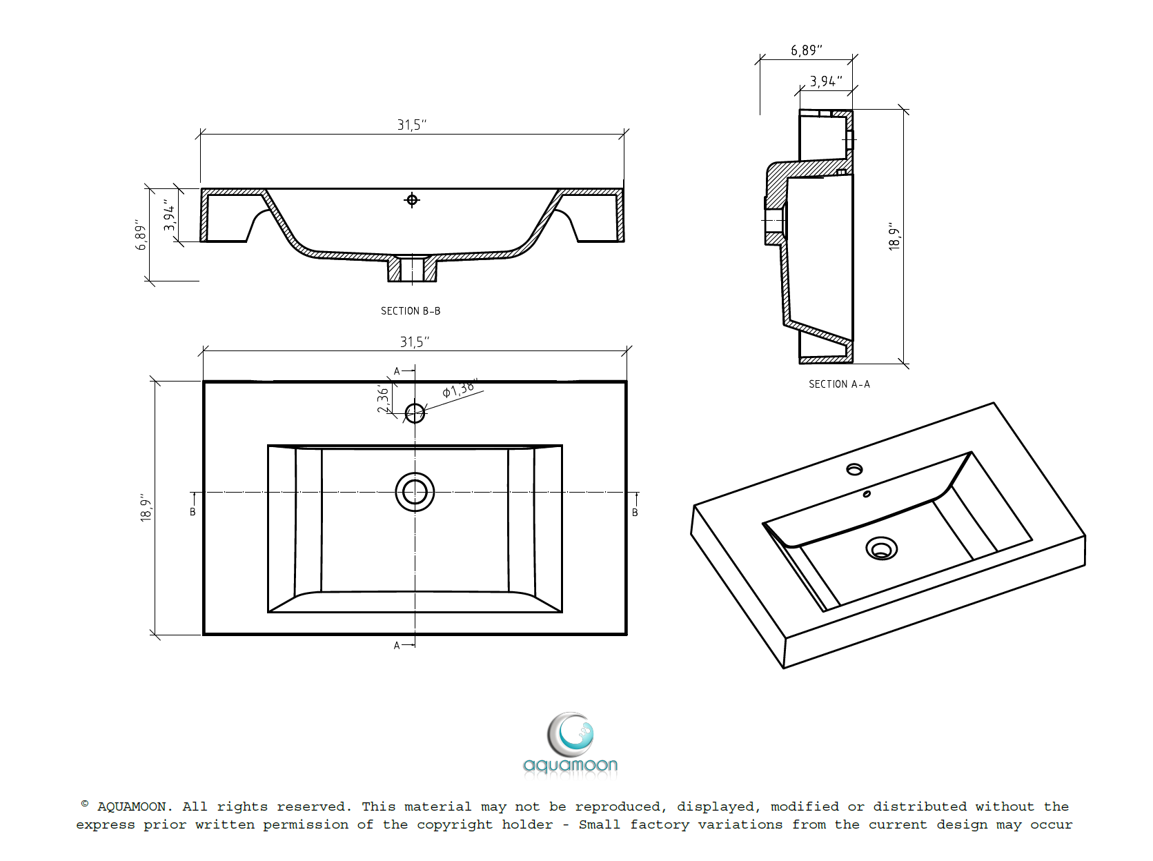 Aquamoon Venice 31" Integrated /Countertop White Square  Sink