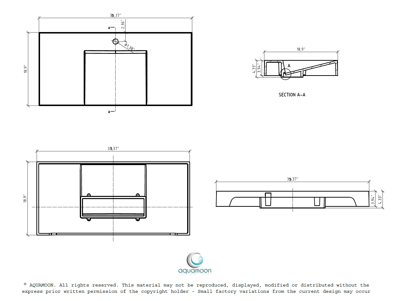 Aquamoon Venice 36" Integrated /Countertop White Infinity  Sink