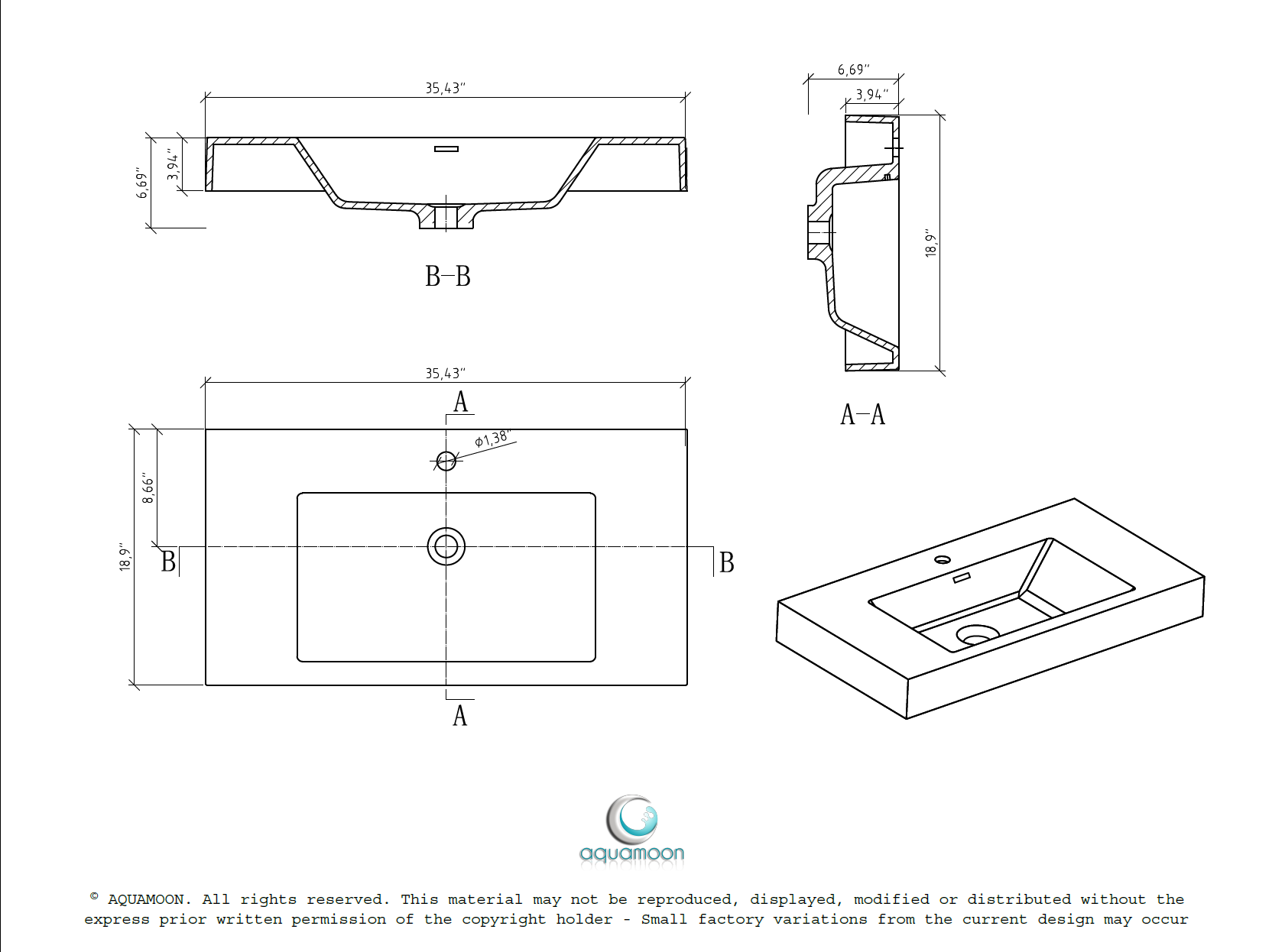 Aquamoon Venice 36" Integrated /Countertop White Square  Sink