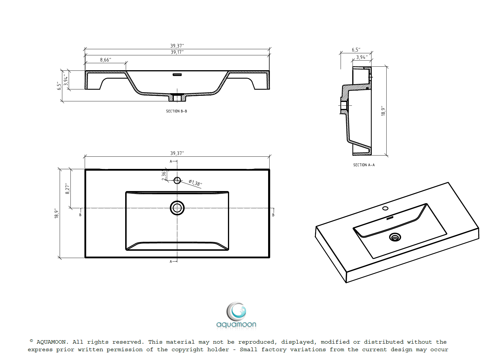 Aquamoon Venice 39" Integrated /Countertop White Square  Sink