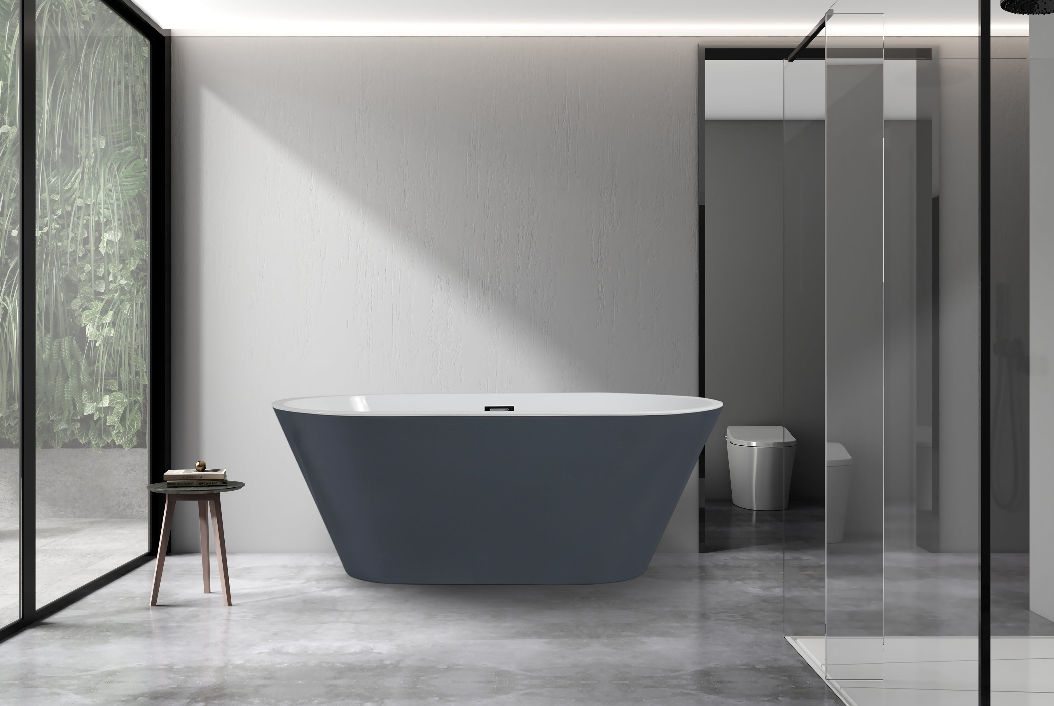 SkySea Bath Tub 59 White Outsid and Grey Exterior Free Standing Soaker, Center Drain And Overflow
