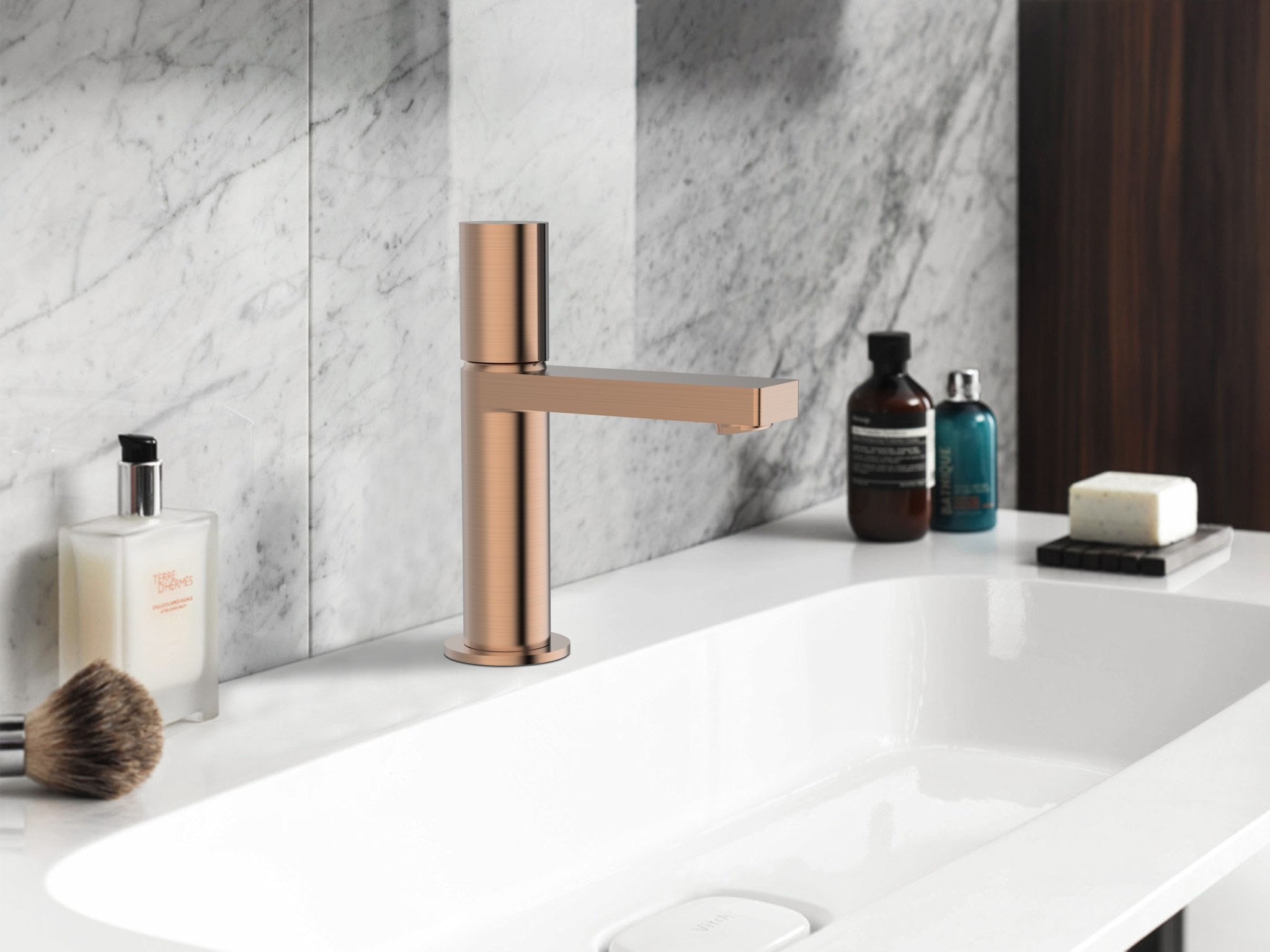 Aquamoon Barcelona Collection Single Lever Bathroom Vanity Faucet Rose Gold/Matte Black Finish Bath Trends USA