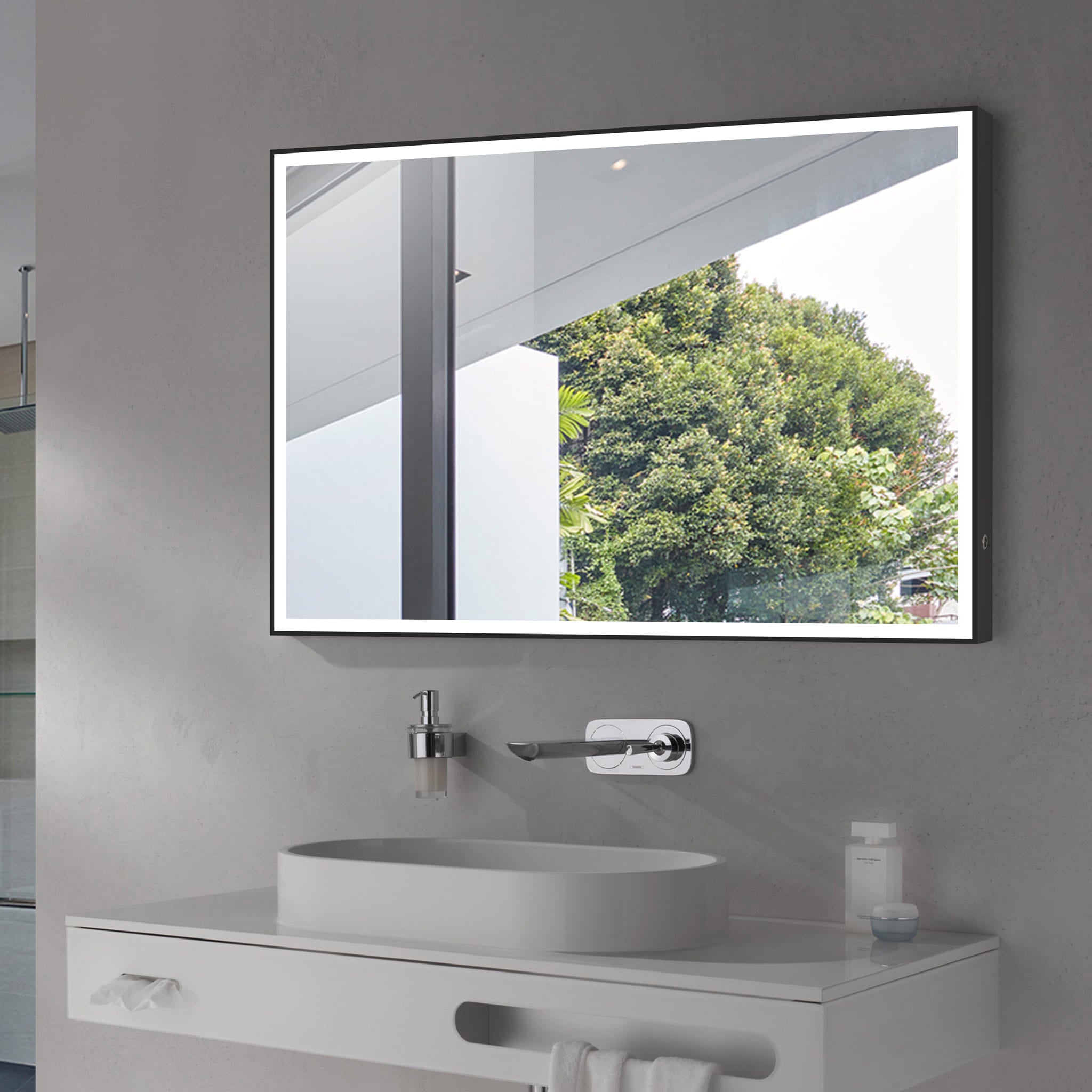 Aquamoon 2575 LED Bathroom Mirror 31" x 27.5" Wall Mounted Side Switch with Black Frame