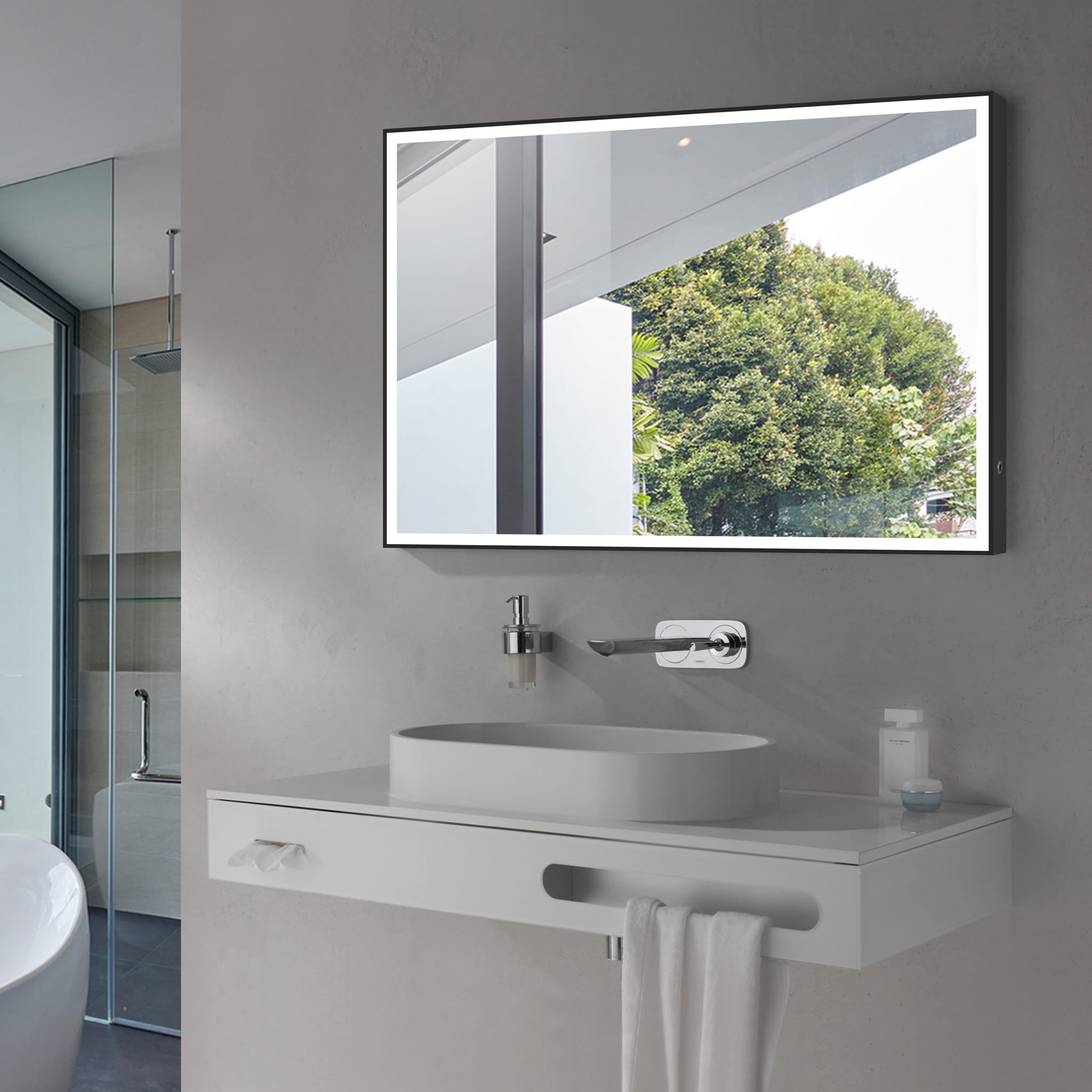 Aquamoon 2575 LED Bathroom Mirror 39" x 31" Wall Mounted Side Switch with Black Frame bathtrends_usa