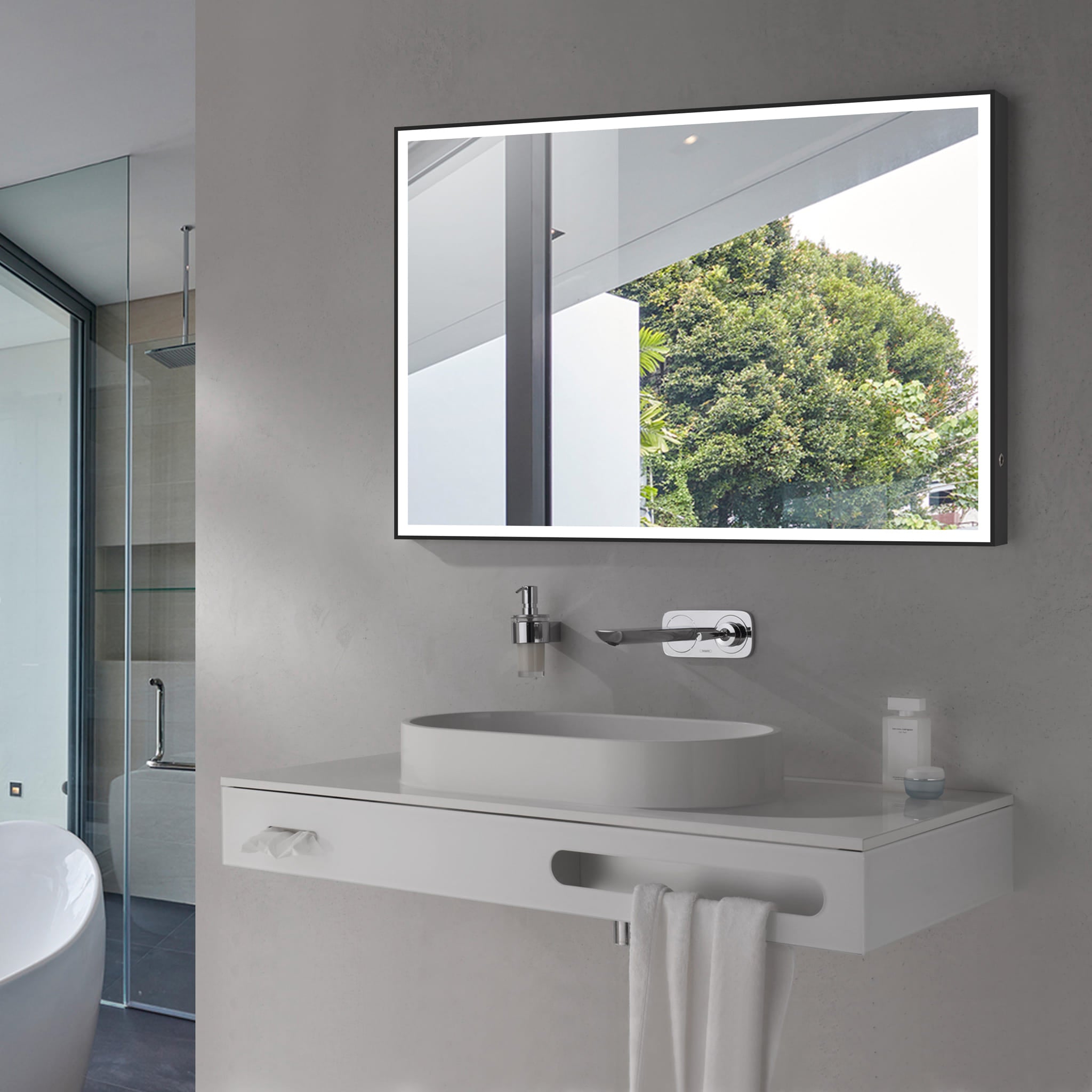 Aquamoon 2575 LED Bathroom Mirror 48" x 31" Wall Mounted Side Switch with Black Frame bathtrends_usa