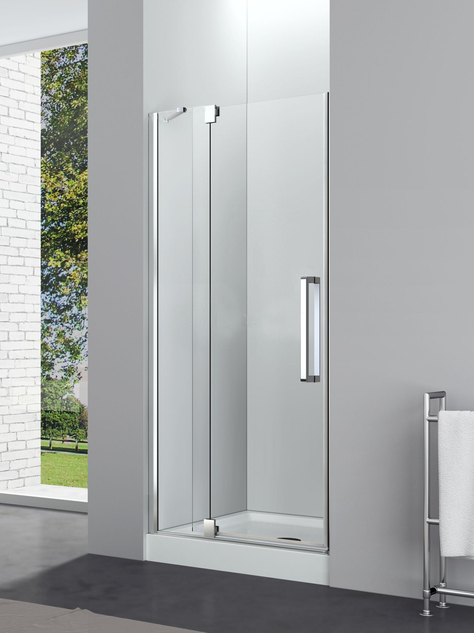 Aquamoon Mirage Semi Frameless Shower Door W 48 x H 76, One Fix Panel and One Swing Door, Chrome Finish 