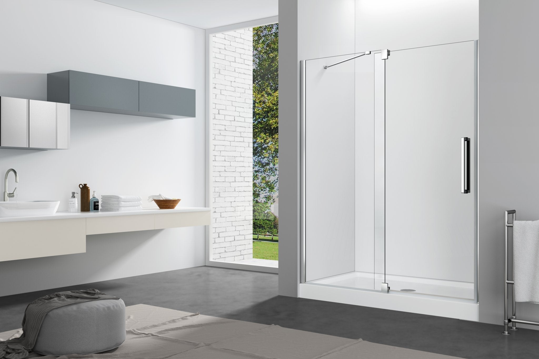 Aquamoon Mirage Semi Frameless Shower Door W 60 x H 76, One Fix Panel and One Swing Door, Brush Nickel Finish