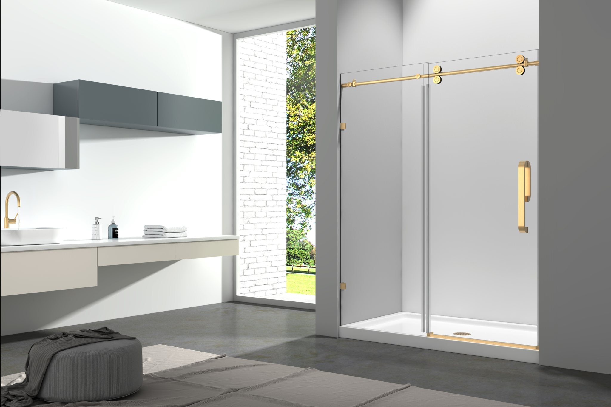 Aquamoon Sky Semi Frameless Shower door W 60" x H 76", One fix Panel, One Sliding, Brush Gold Finish 