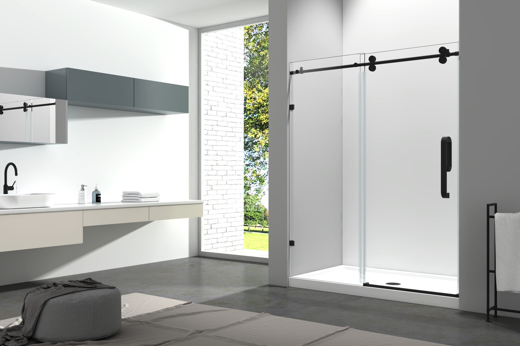 Aquamoon Sky Semi Frameless Shower door W 60" x H 76", One fix Panel, One Sliding, Matte Black Finish Bath Trends USA