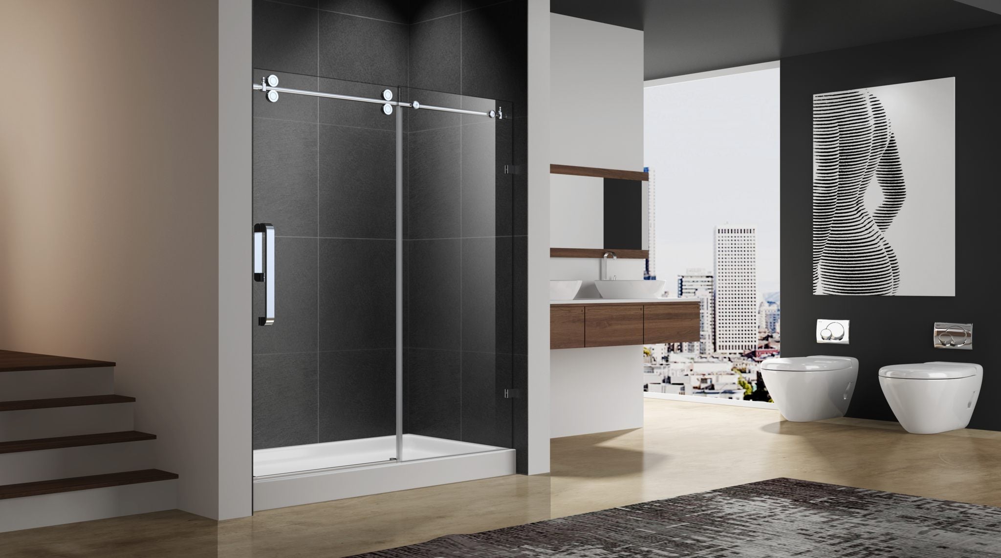 Aquamoon Sky Semi Frameless Shower door W 60" x H 76", One fix Panel, One Sliding, Brush Nickel Finish Bath Trends USA