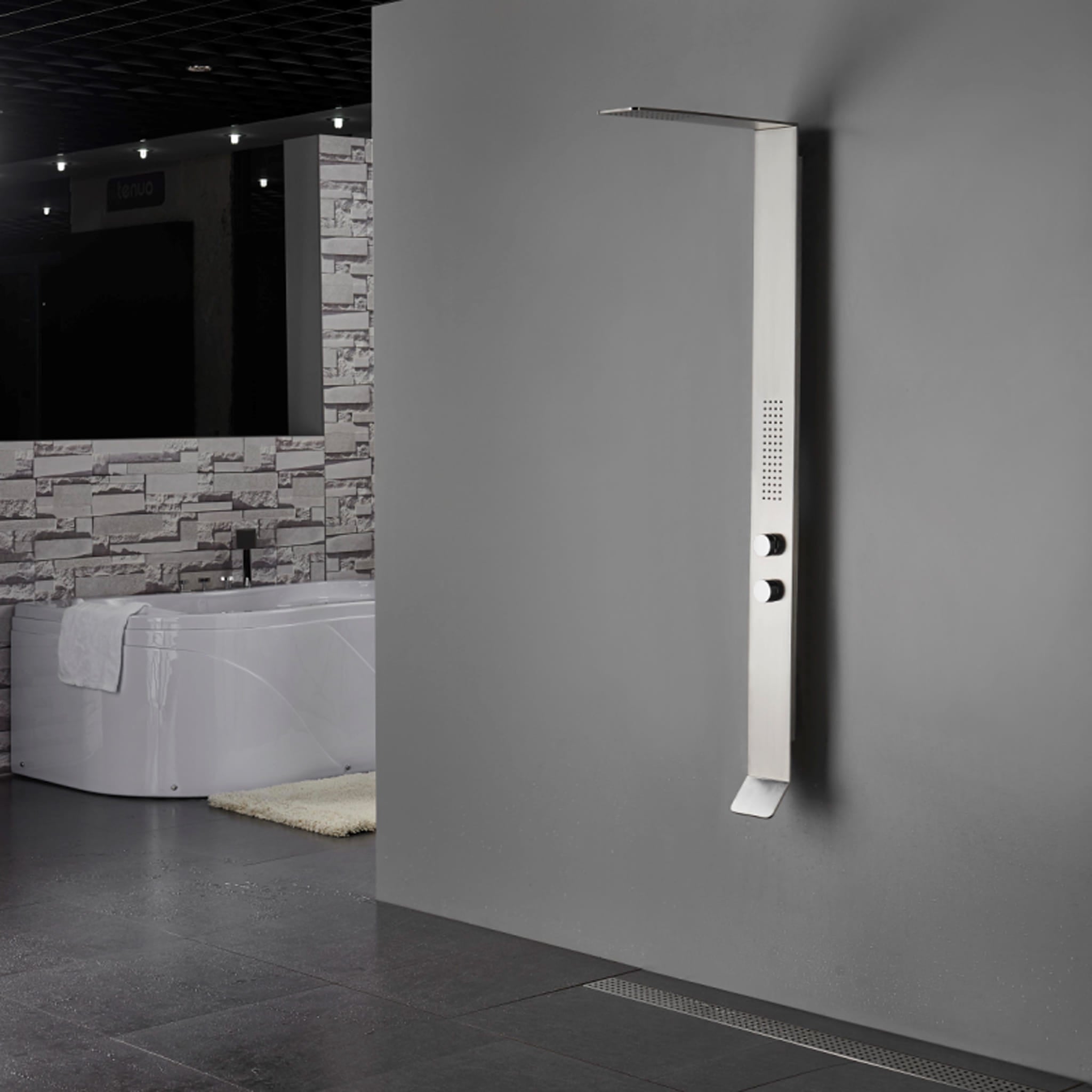 Aquamoon COSMOS  Stainless Steel  Recessed Bathroom Shower Panel 63 x 9.75 with  Rainfall Shower Head + Handheld Shower + Massage Body Jets