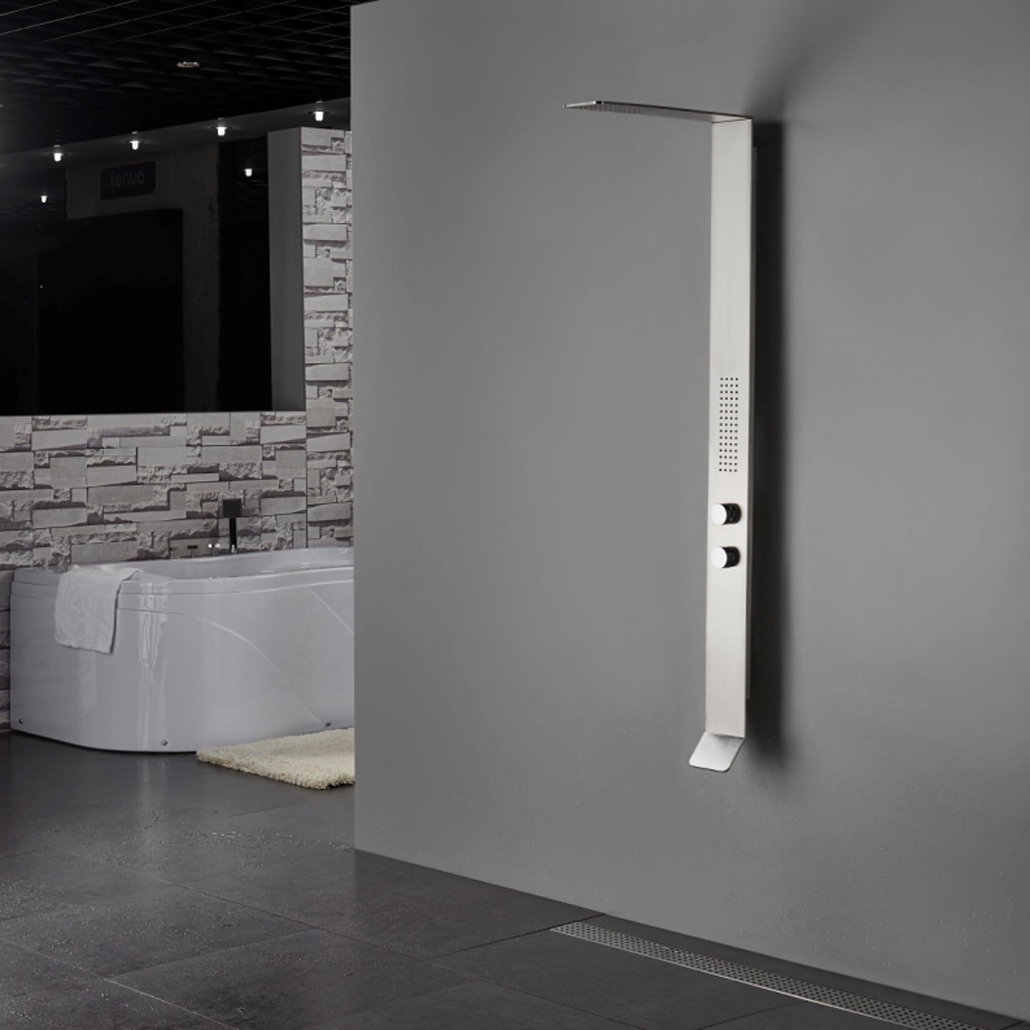 Aquamoon COSMOS Stainless Steel Recessed Bathroom Shower Panel 63 x 9.75 with Rainfall Shower Head + Handheld Shower + Massage Body Jets