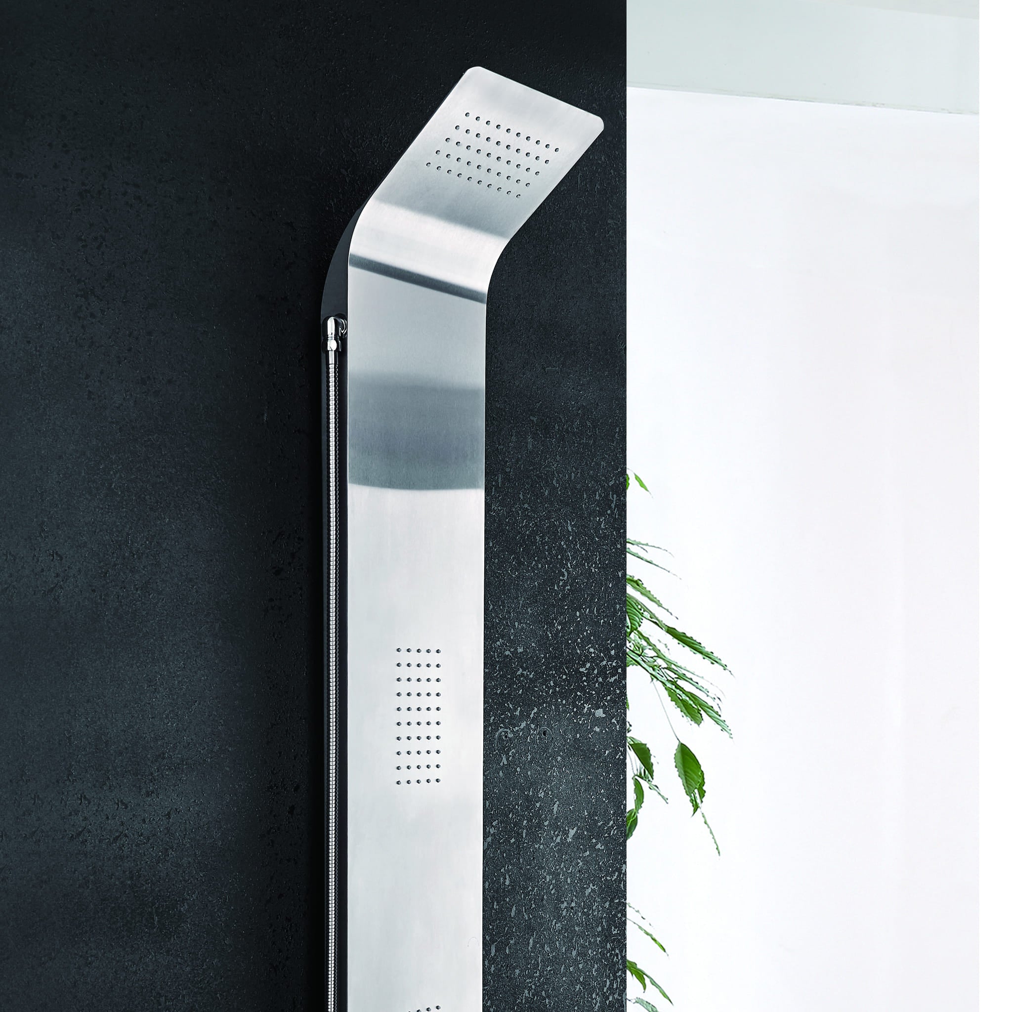 Aquamoon AURA Stainless Steel  Recessed Bathroom Shower Panel 63 x 9.75 with  Rainfall Shower Head + Handheld Shower + Massage Body Jets