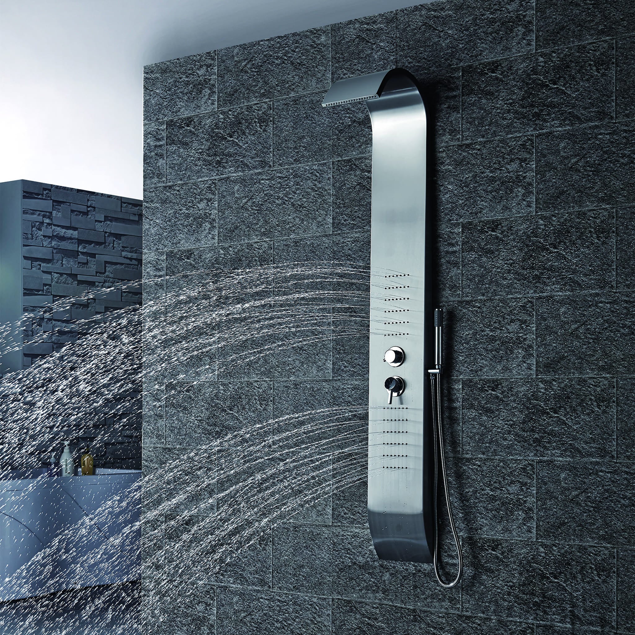 Aquamoon BASTIA Wall Mount Bathroom Shower Panel 60 x 10 with Rainfall Shower Head + Handheld Shower + Massage Body Jets