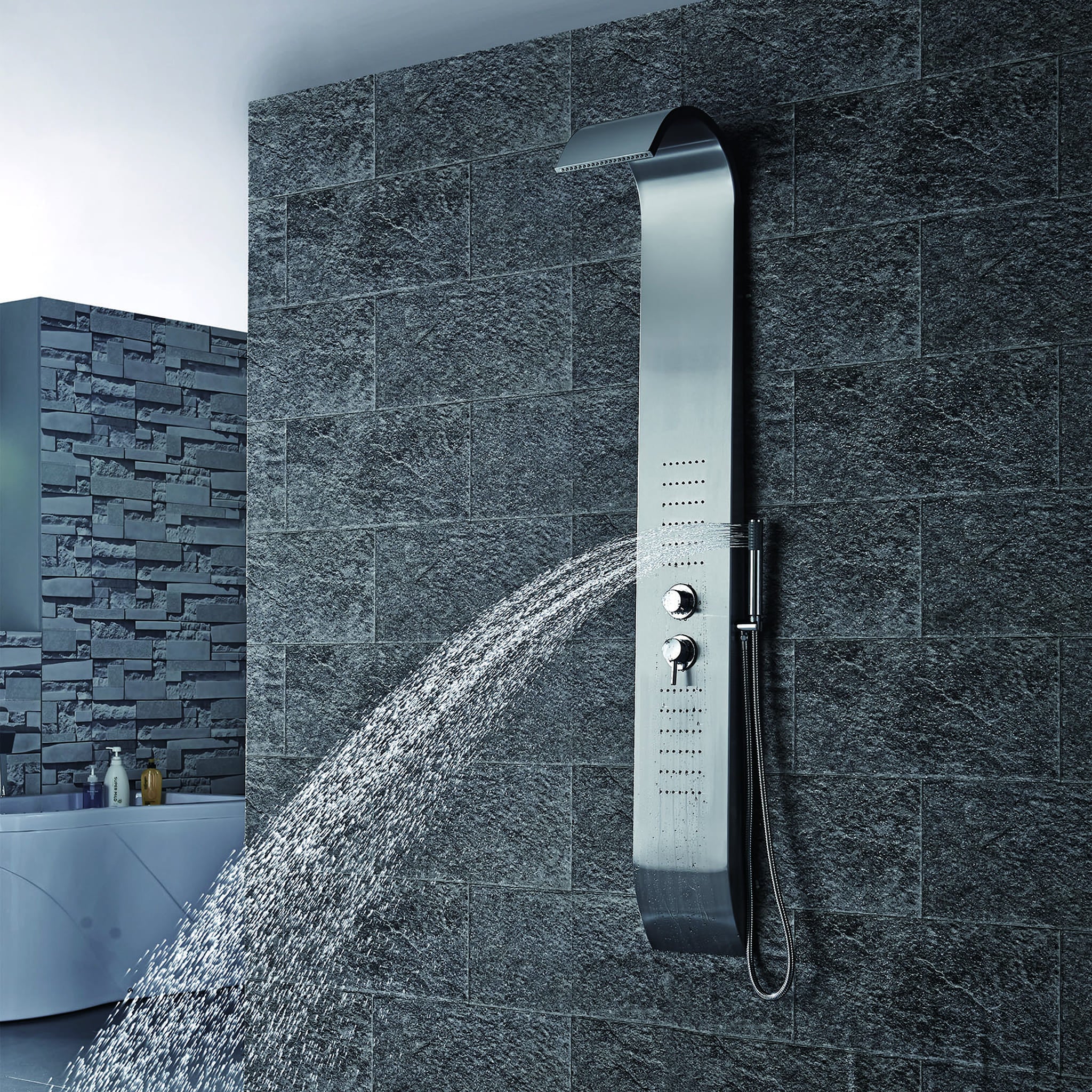 Aquamoon BASTIA Wall Mount Bathroom Shower Panel 60 x 10 with Rainfall Shower Head + Handheld Shower + Massage Body Jets bathtrends_usa