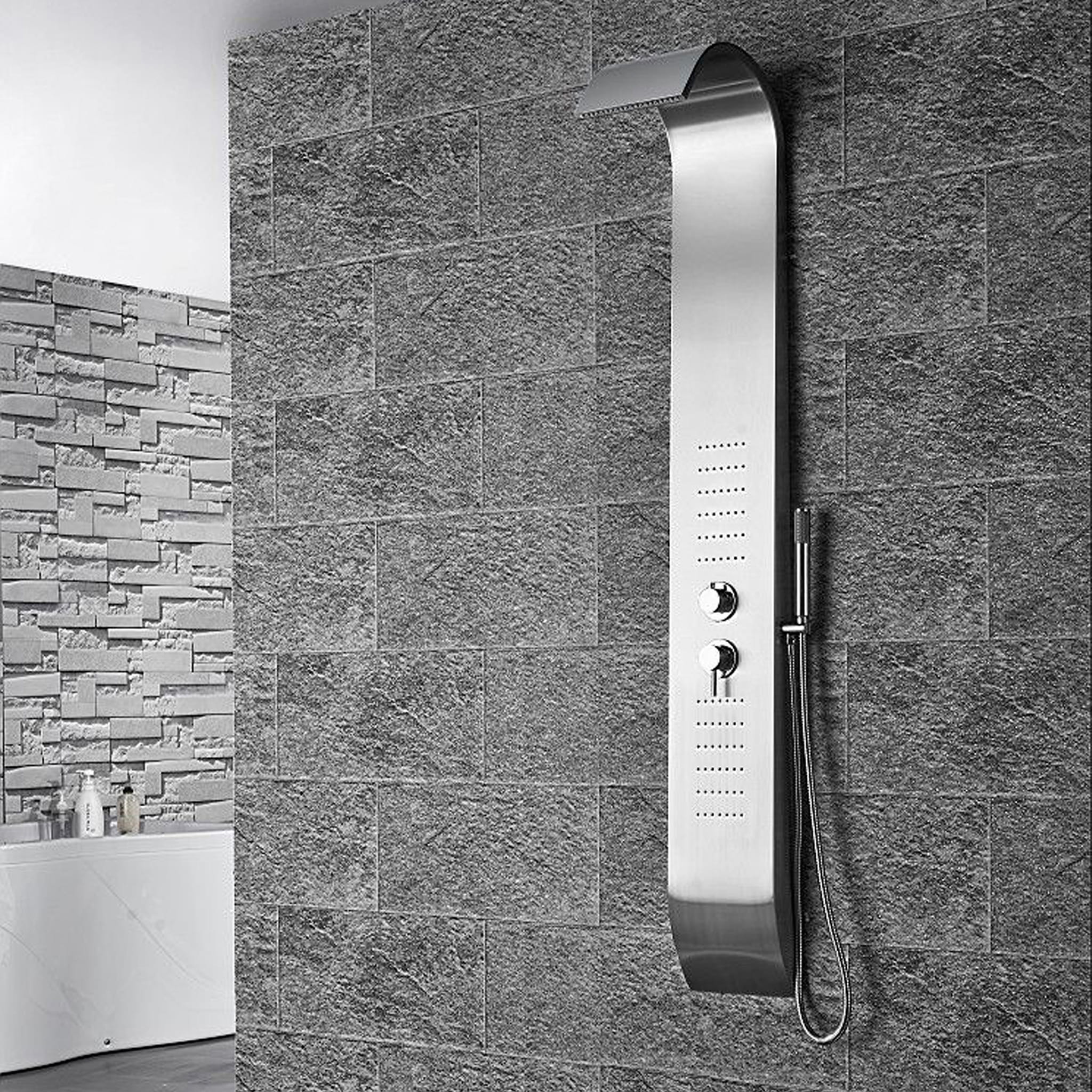 Aquamoon BASTIA Wall Mount Bathroom Shower Panel 60 x 10 with Rainfall Shower Head + Handheld Shower + Massage Body Jets