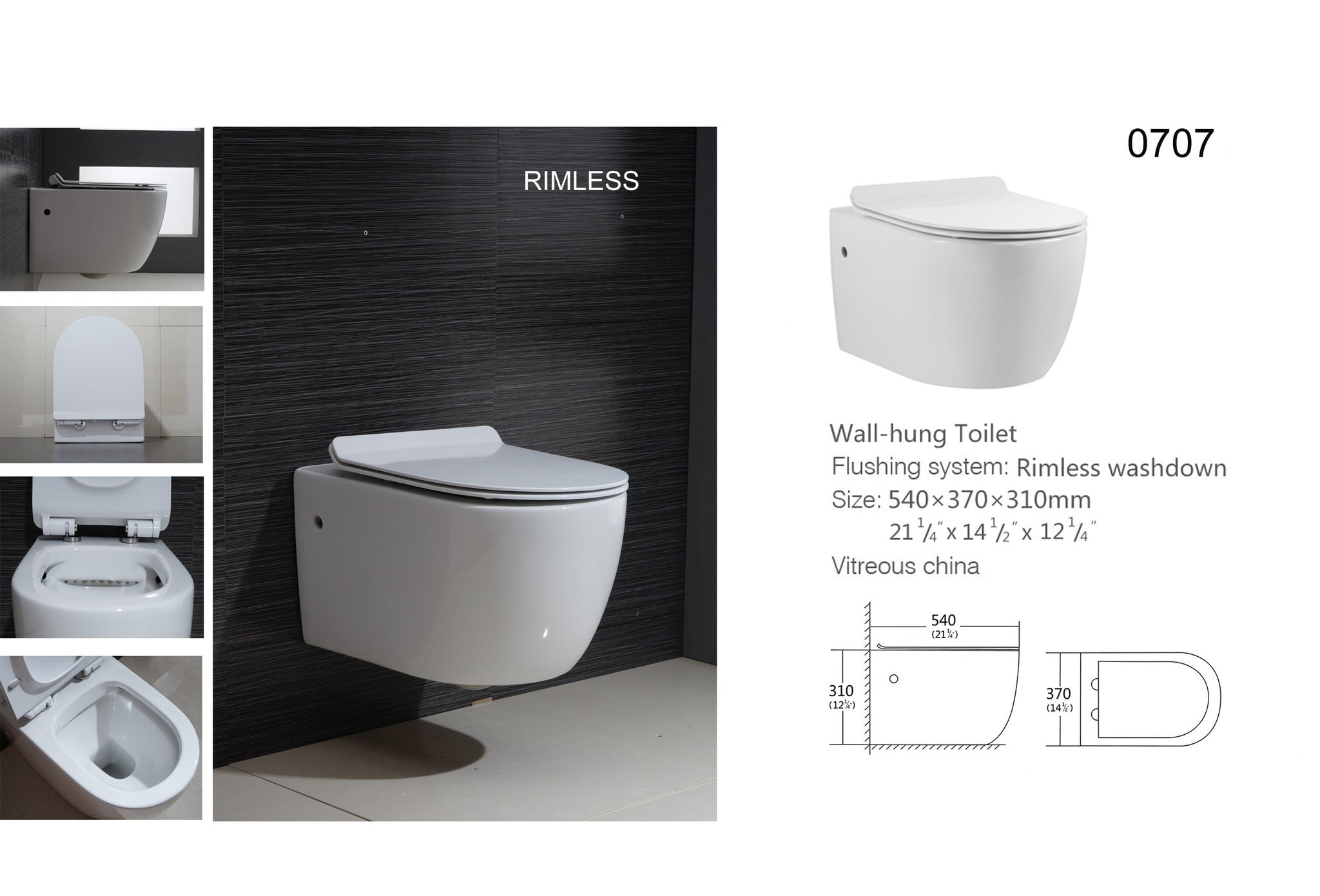 Aquamoon 707 Round Wall-Hung Dual Flush Elongated One Piece Toilet with Soft Closing Seat, Water Sense, High-Efficiency, Color White