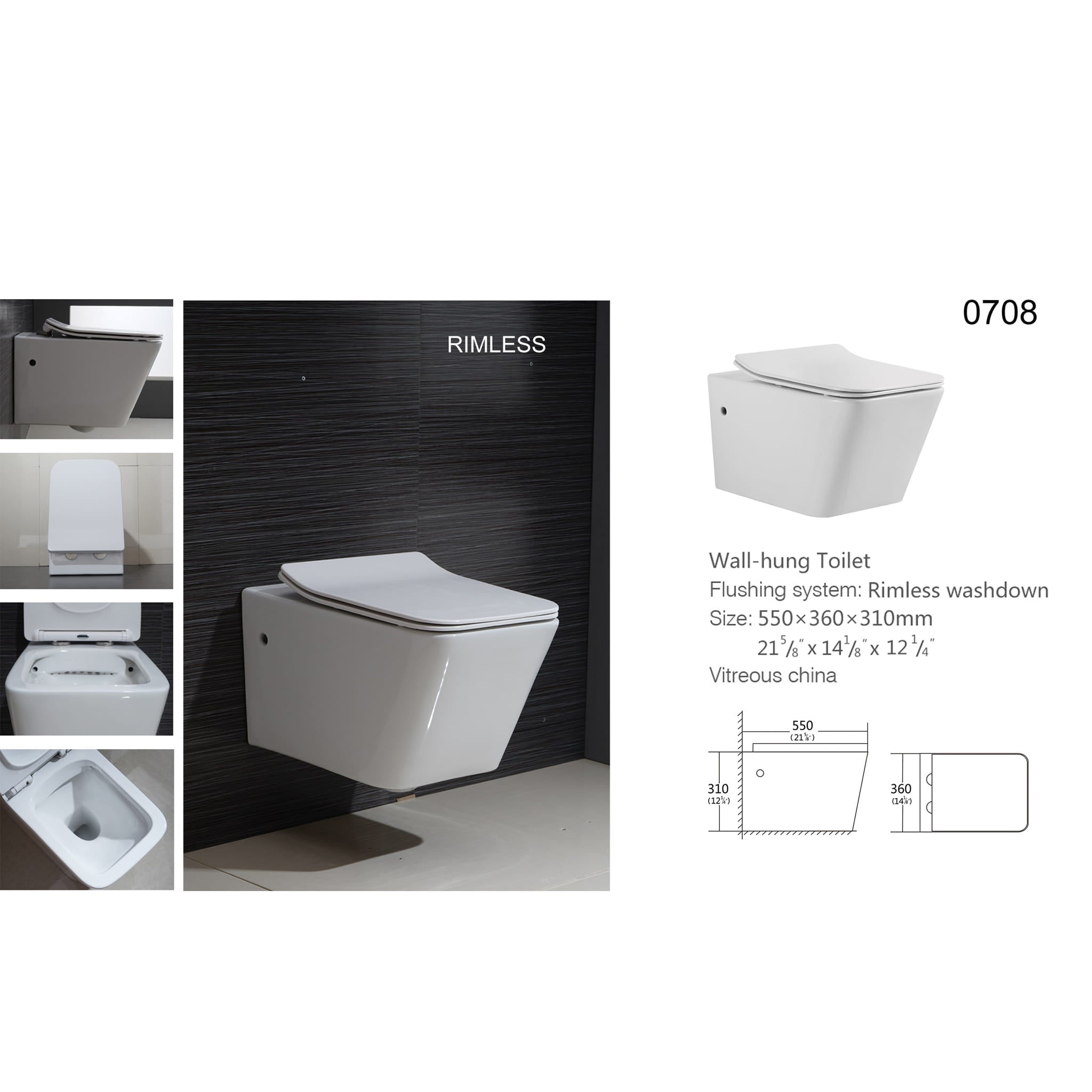 Aquamoon 708 Square Wall-Hung Dual Flush Elongated One Piece Toilet with Soft Closing Seat, Water Sense, High-Efficiency, Color White
