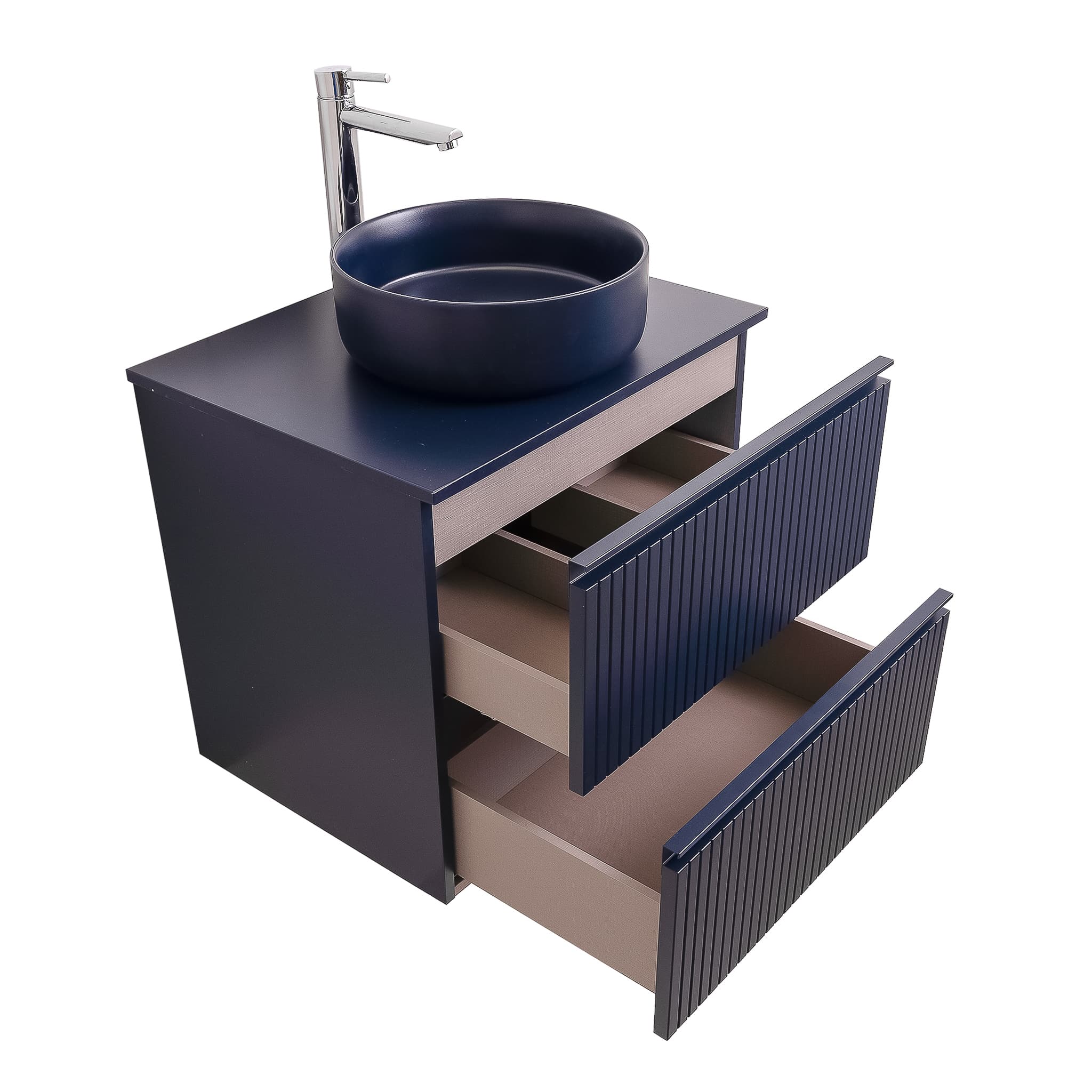 Ares 23.5 Matte Navy Blue Cabinet, Ares Navy Blue Top And Ares Navy Blue Ceramic Basin, Wall Mounted Modern Vanity Set