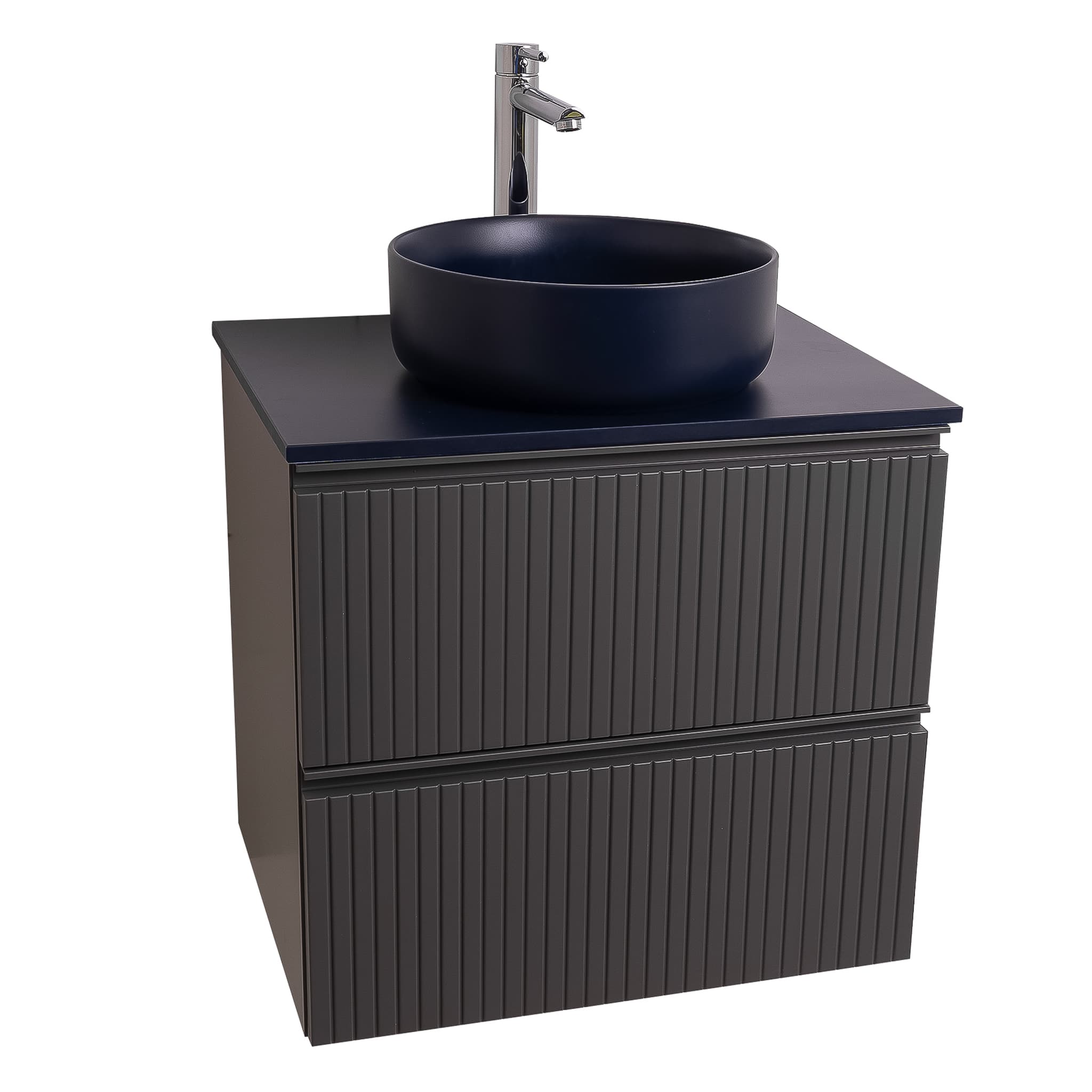 Ares 23.5 Matte Grey Cabinet, Ares Navy Blue Top And Ares Navy Blue Ceramic Basin, Wall Mounted Modern Vanity Set