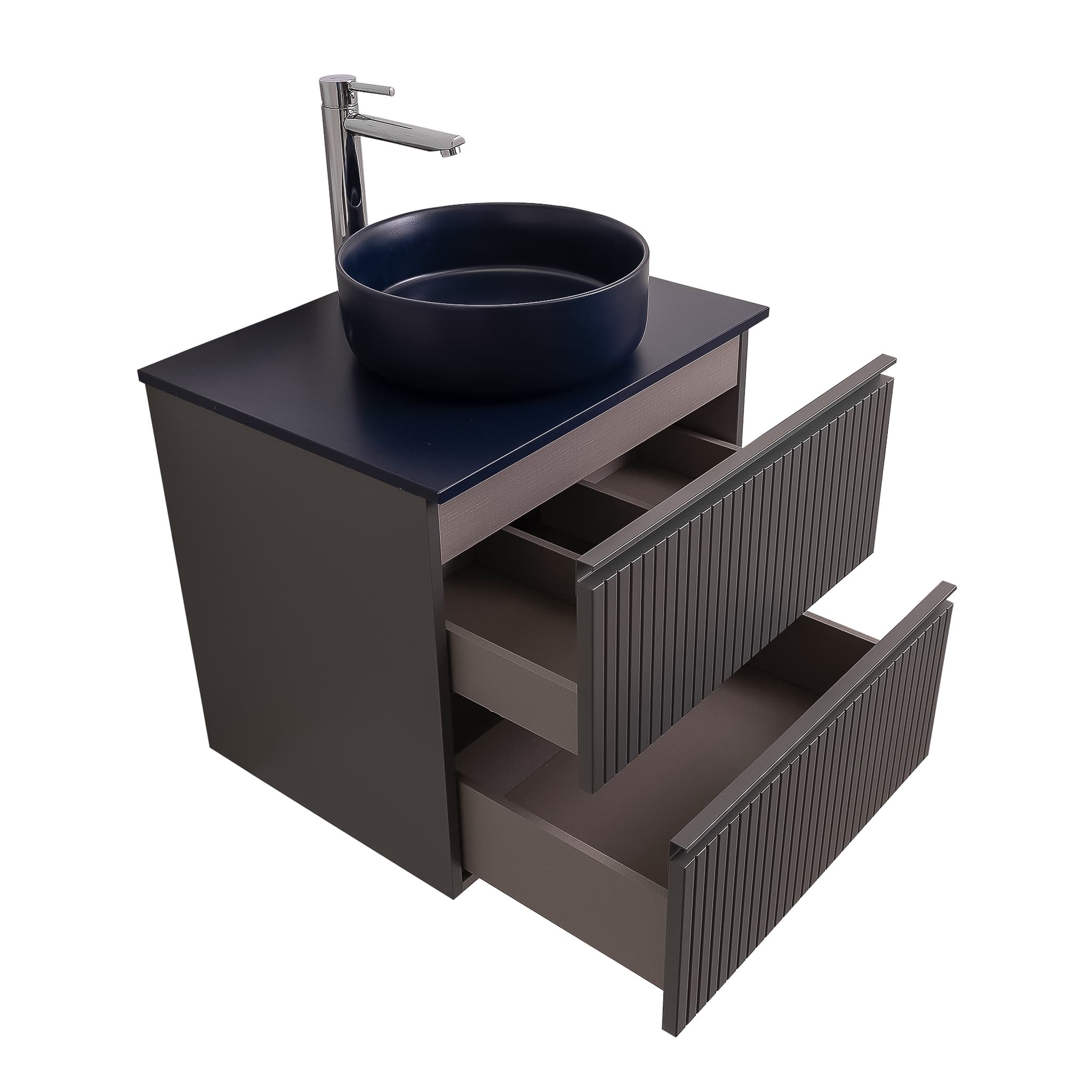 Ares 23.5 Matte Grey Cabinet, Ares Navy Blue Top And Ares Navy Blue Ceramic Basin, Wall Mounted Modern Vanity Set