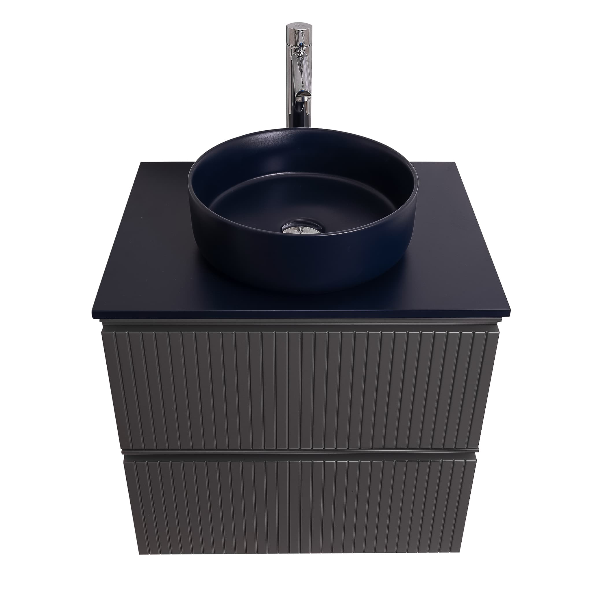Ares 23.5 Matte Grey Cabinet, Ares Navy Blue Top And Ares Navy Blue Ceramic Basin, Wall Mounted Modern Vanity Set