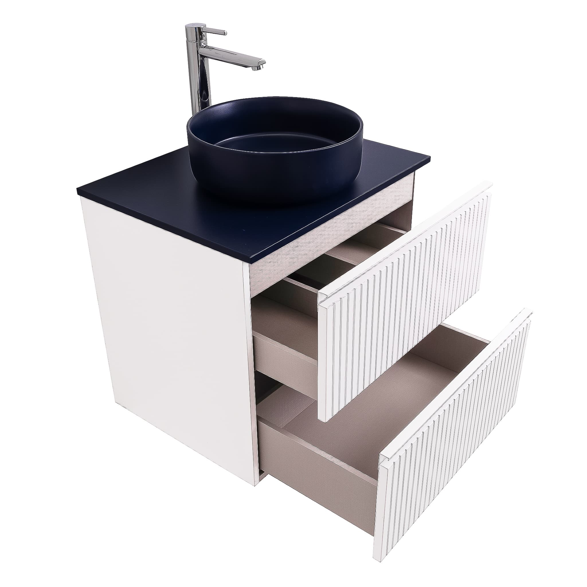Ares 23.5 Matte White Cabinet, Ares Navy Blue Top And Ares Navy Blue Ceramic Basin, Wall Mounted Modern Vanity Set