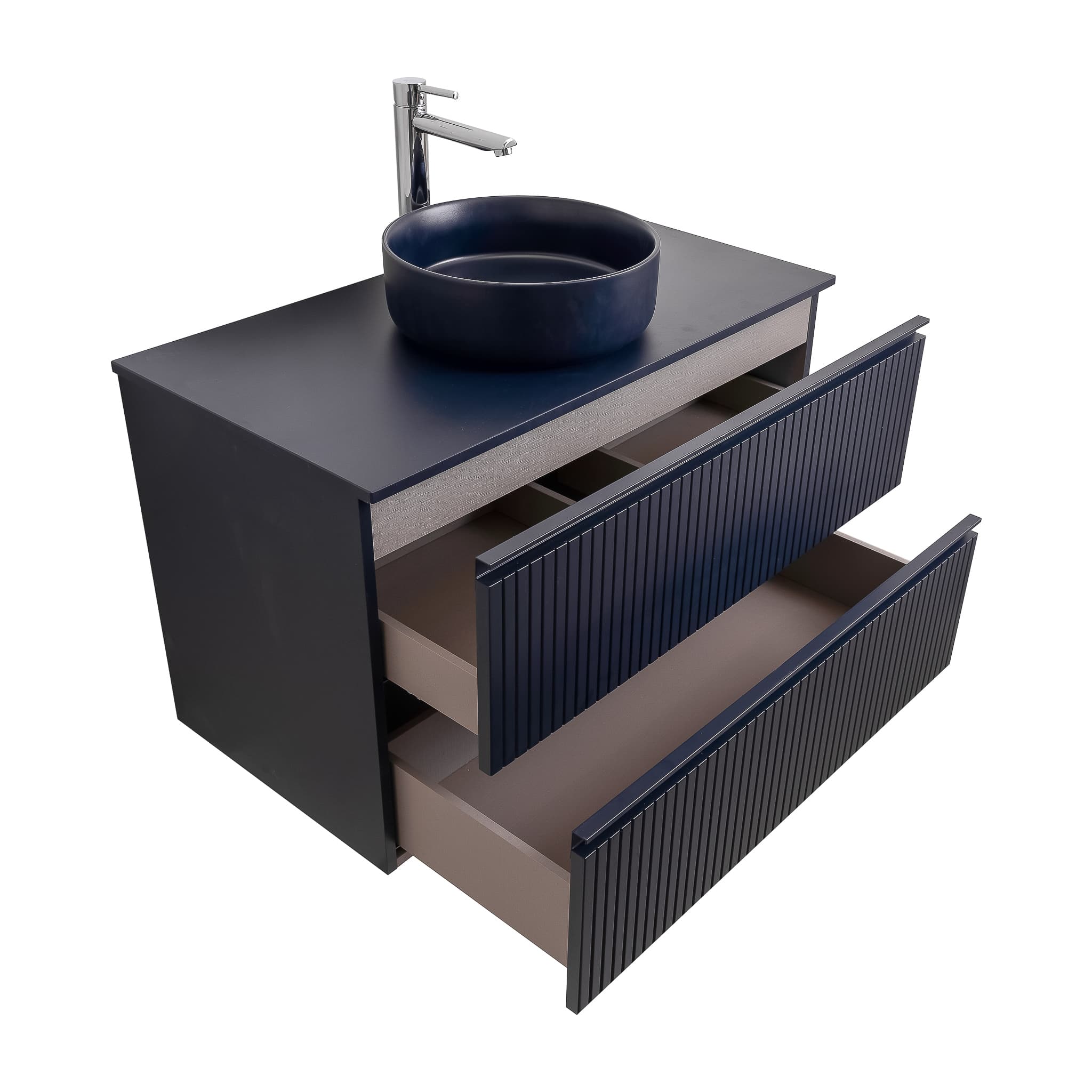 Ares 31.5 Matte Navy Blue Cabinet, Ares Navy Blue Top And Ares Navy Blue Ceramic Basin, Wall Mounted Modern Vanity Set