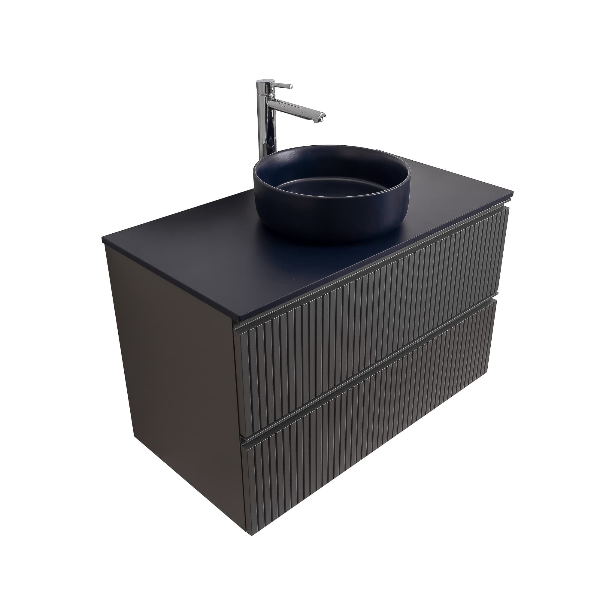 Ares 31.5 Matte Grey Cabinet, Ares Navy Blue Top And Ares Navy Blue Ceramic Basin, Wall Mounted Modern Vanity Set