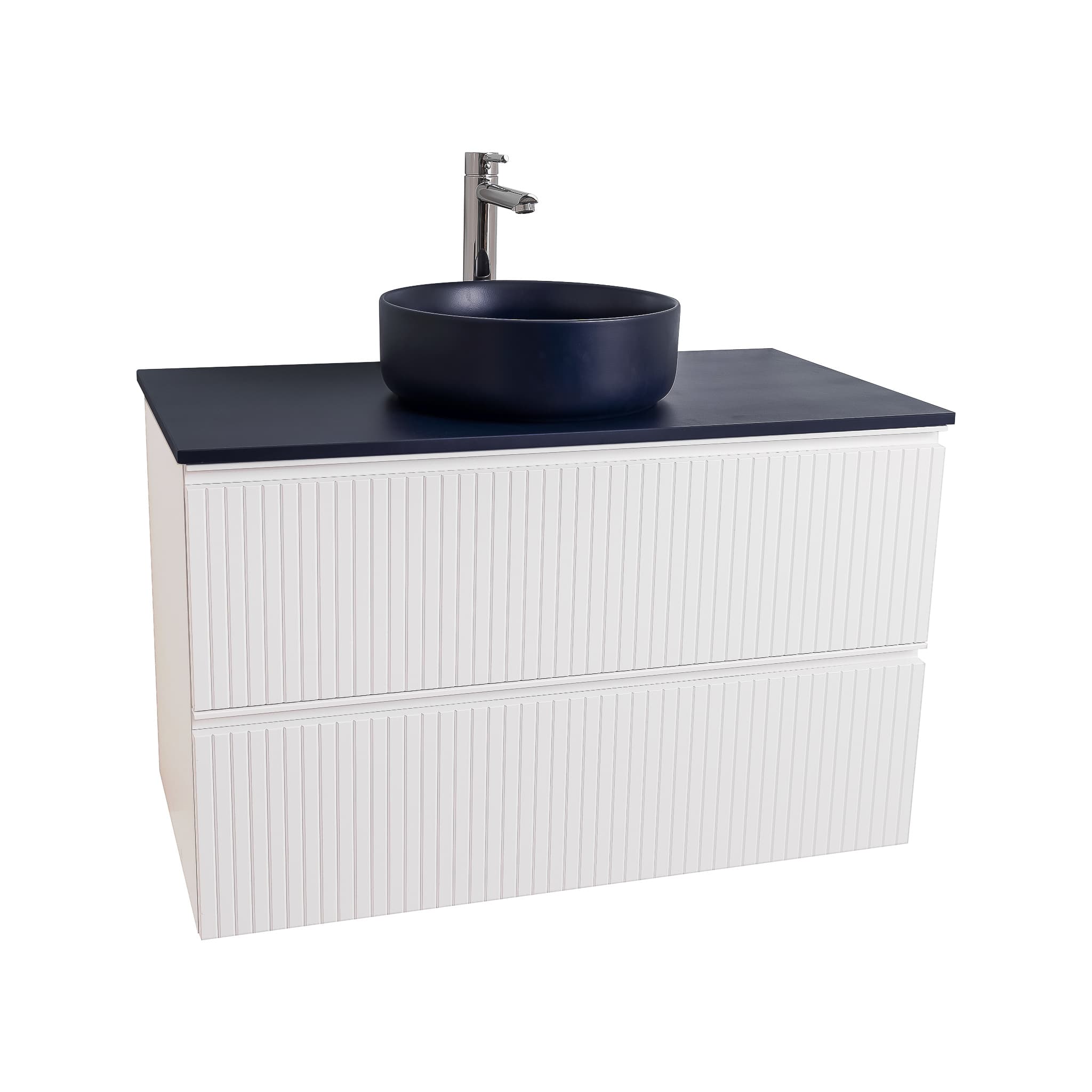 Ares 31.5 Matte White Cabinet, Ares Navy Blue Top And Ares Navy Blue Ceramic Basin, Wall Mounted Modern Vanity Set