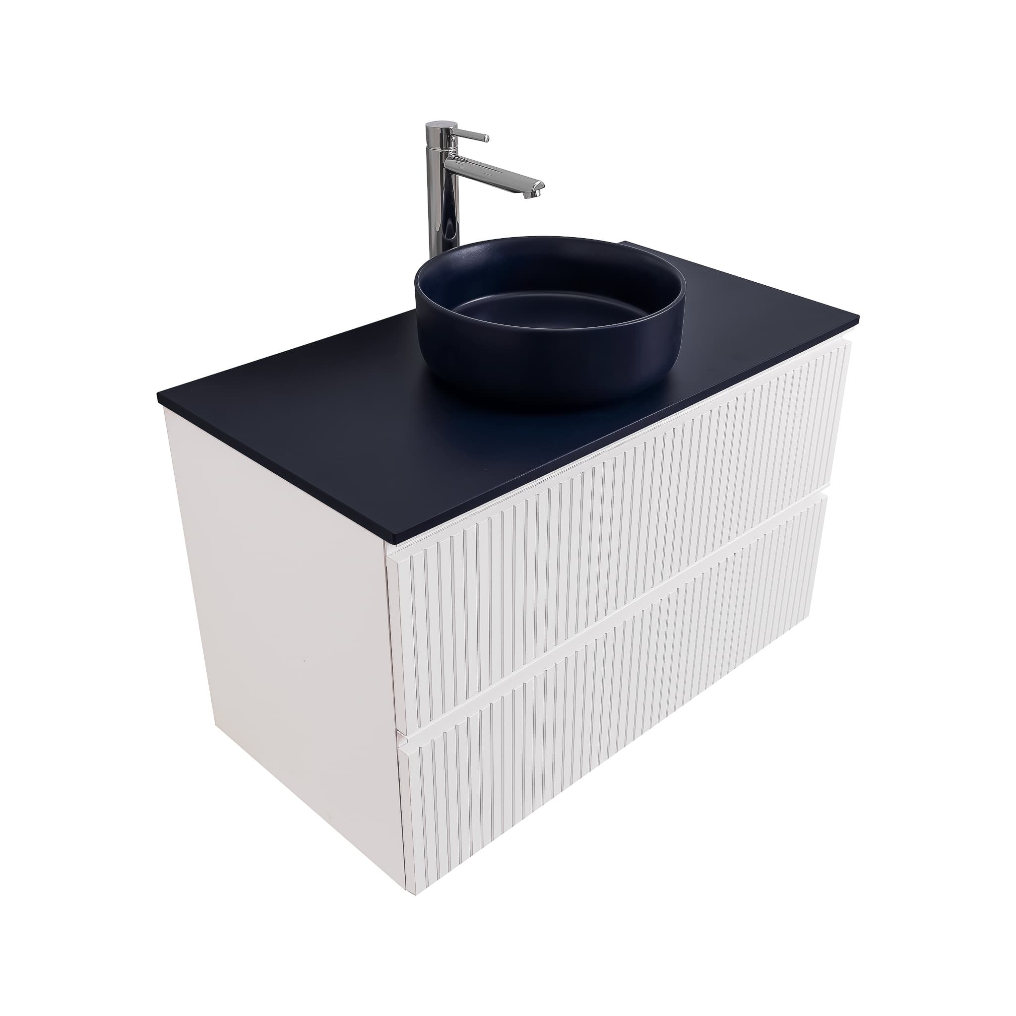 Ares 31.5 Matte White Cabinet, Ares Navy Blue Top And Ares Navy Blue Ceramic Basin, Wall Mounted Modern Vanity Set