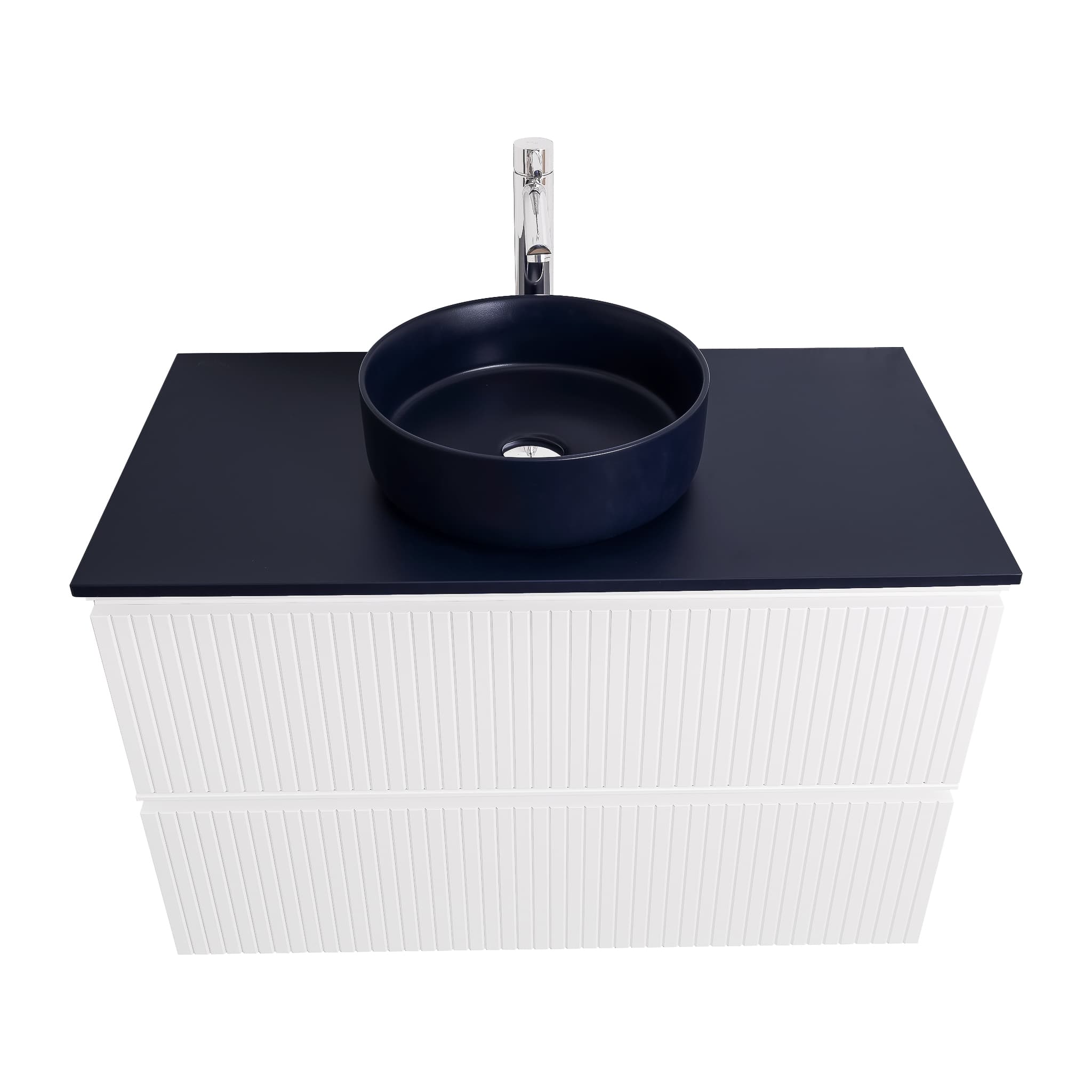 Ares 31.5 Matte White Cabinet, Ares Navy Blue Top And Ares Navy Blue Ceramic Basin, Wall Mounted Modern Vanity Set