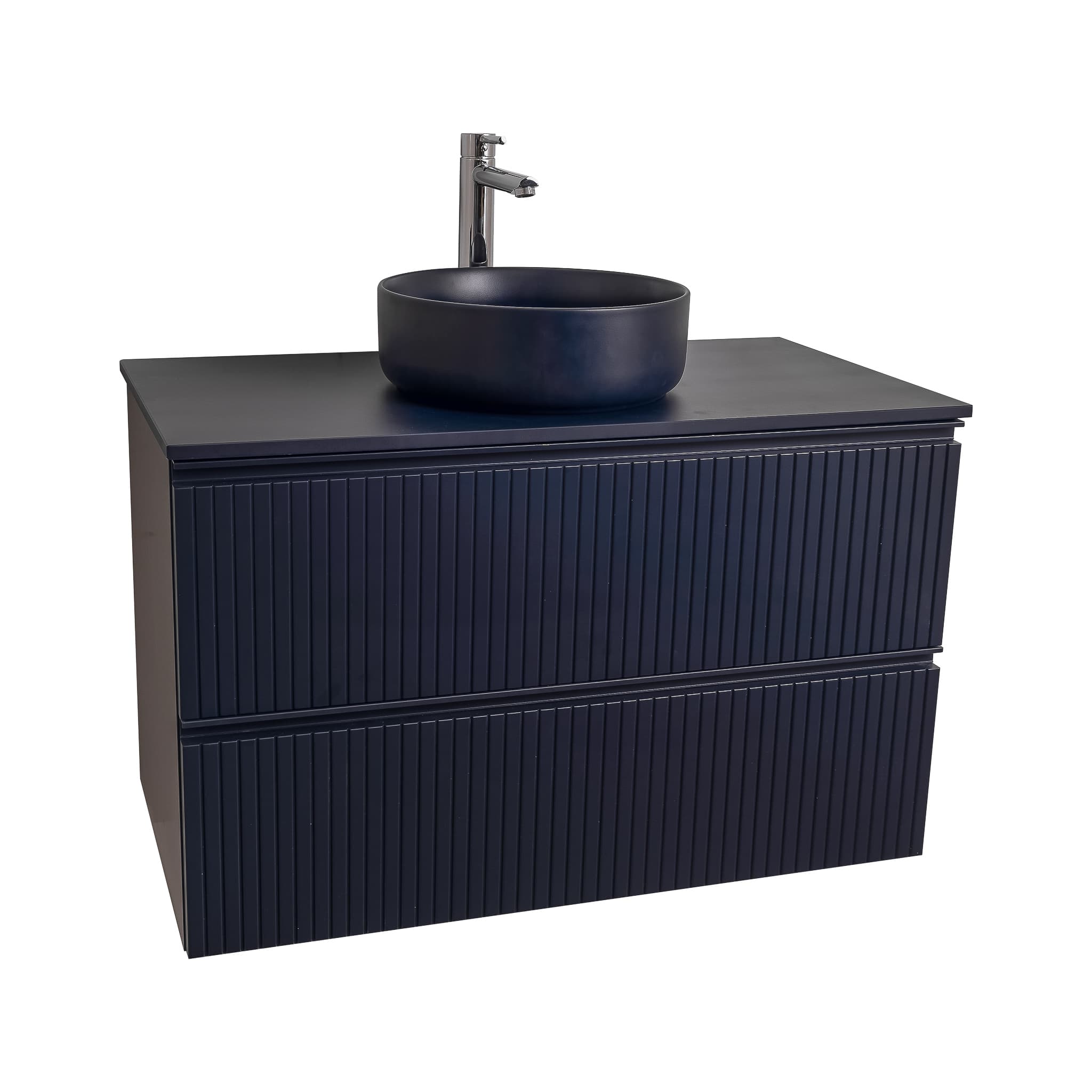 Ares 35.5 Matte Navy Blue Cabinet, Ares Navy Blue Top And Ares Navy Blue Ceramic Basin, Wall Mounted Modern Vanity Set