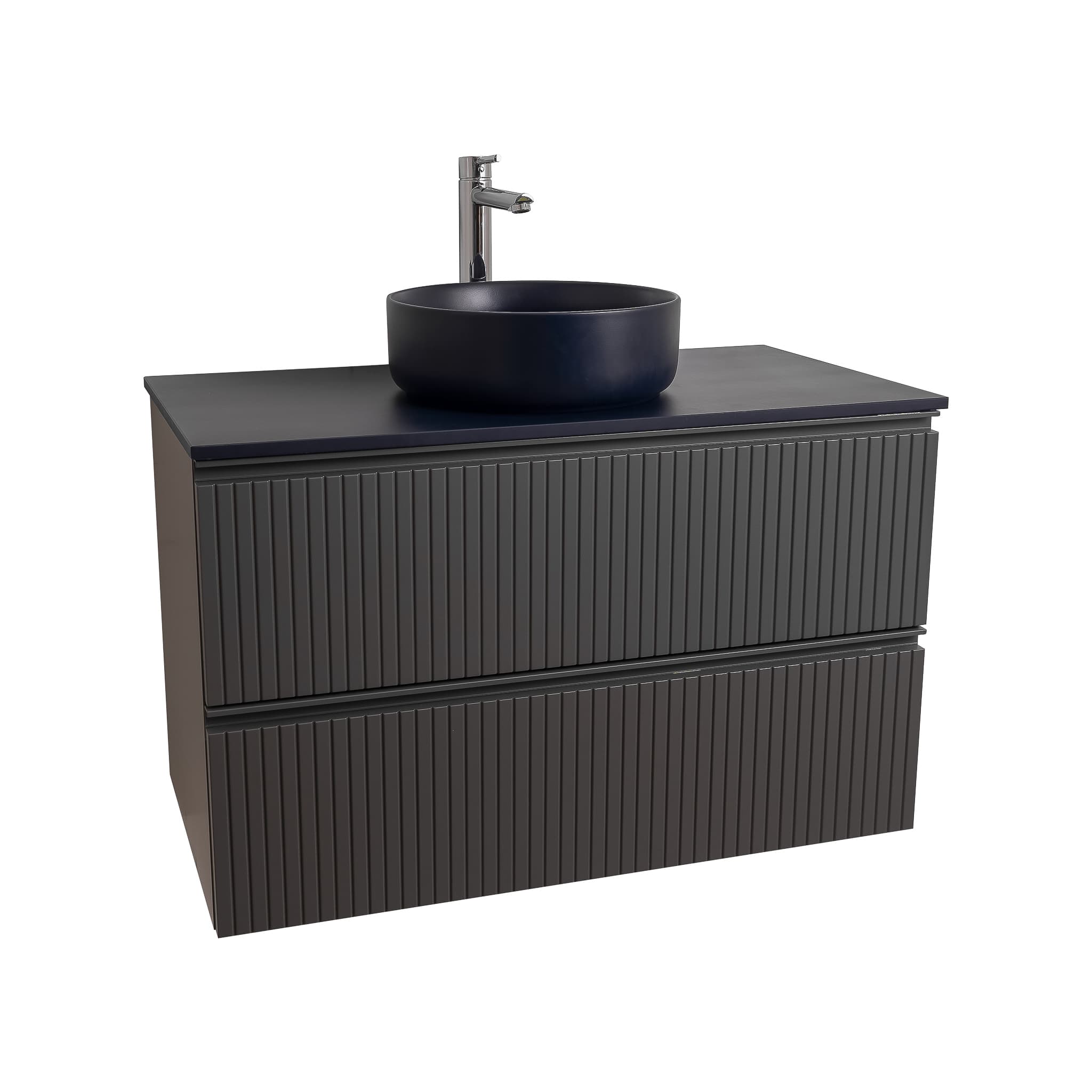 Ares 35.5 Matte Grey Cabinet, Ares Navy Blue Top And Ares Navy Blue Ceramic Basin, Wall Mounted Modern Vanity Set